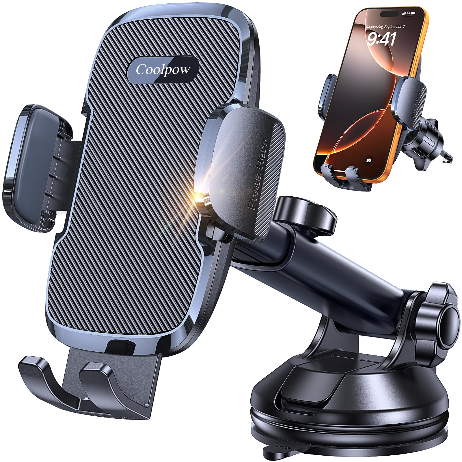 Coolpow 3-in-1 Car Phone Holder Mount【Strongest Suction & Military-Grade】 Cell Phone Holders for Your Car Dashboard Phone Holder Automobile Cradle