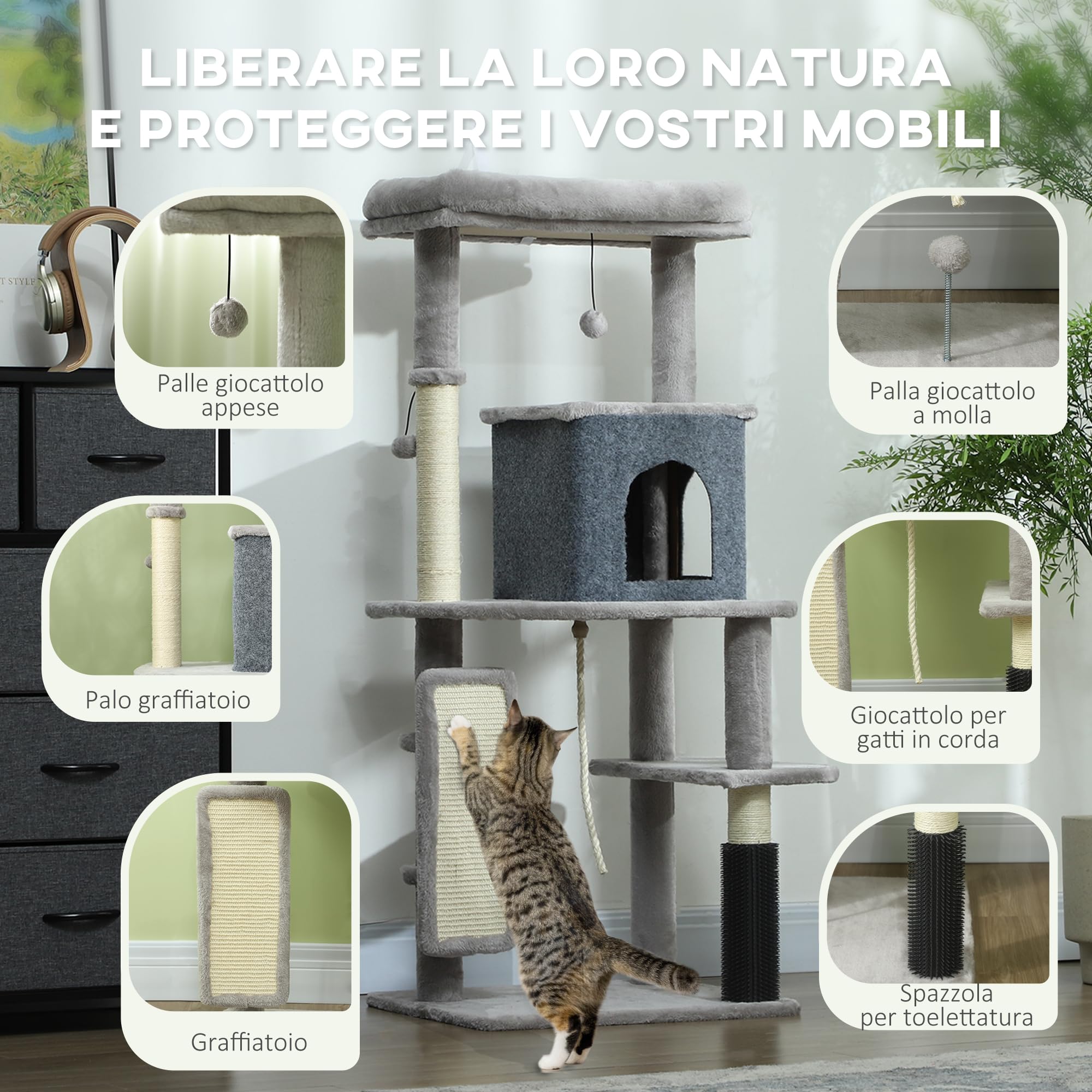 PawHut Albero Tiragraffi Multilivello Alto 132 cm, Palestra per Gatti con Casetta, Lettino per Gatti, Pali Tiragraffi, Piattaforma, Spazzola e Pallina, Dispositivo Antiribaltamento, Grigio Chiaro