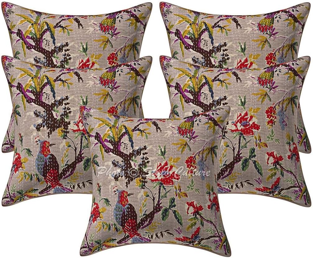 Ethnic Decorative Couch Sofa Accent Throw Pillow Covers 40x40 cm Cotton Bed Room Beige Bird Printed Kantha Square Luxury Envelope Bohemian 16x16 Inch Cushion Covers - 5 Pcs