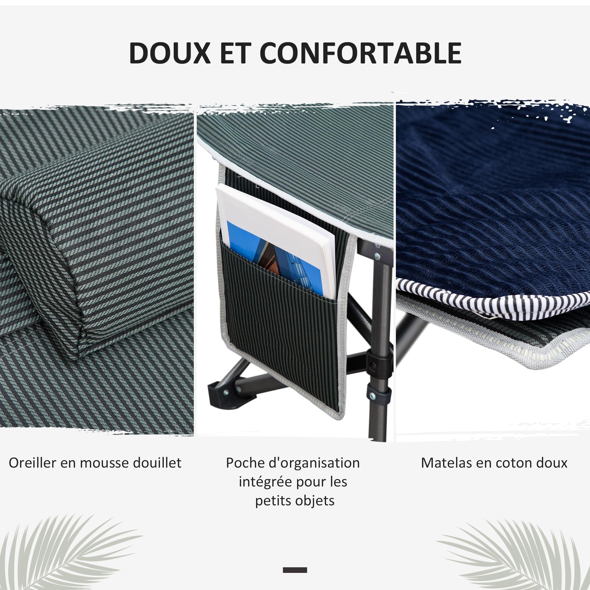 Outsunny Lit de Camp Pliable avec Matelas, Appui-tête, Pochette latérale et Sac intégré, transat Chaise Longue en métal et Tissu Oxford, 188 x 64,5 x 53 cm, Charge 150 kg