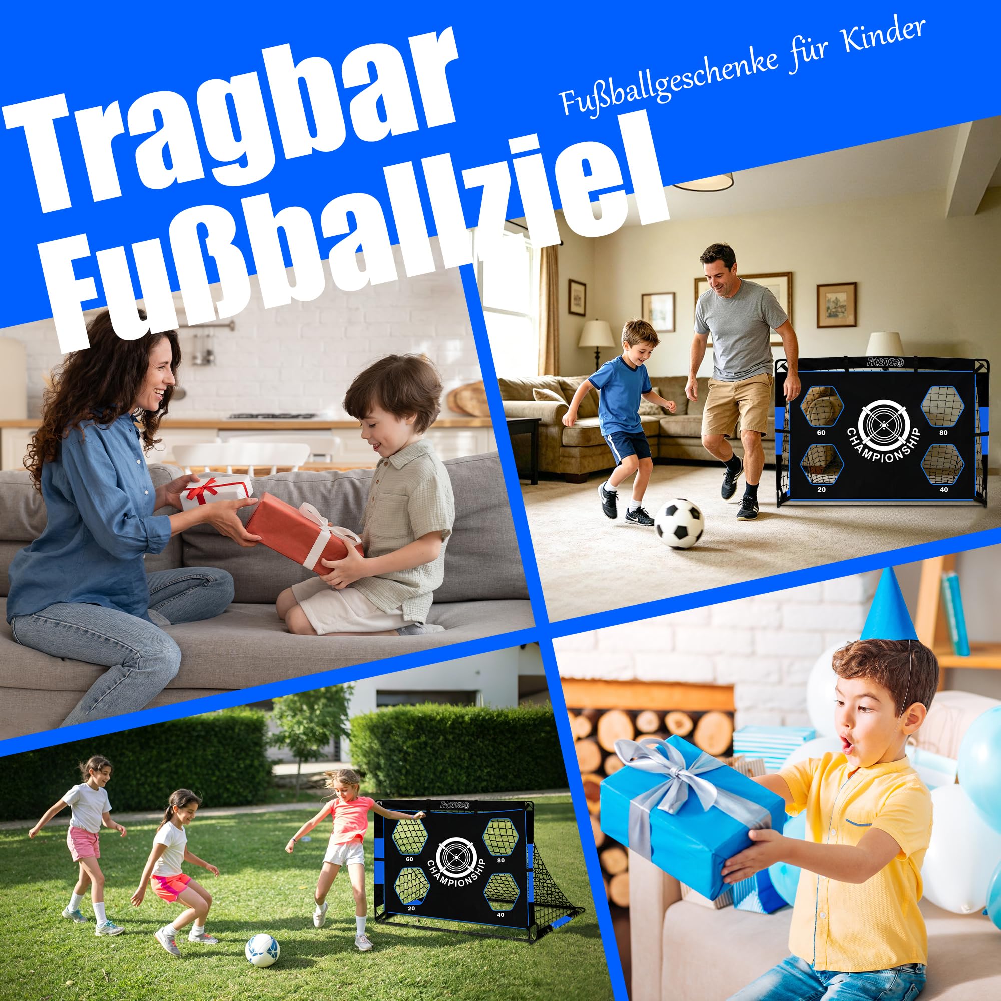 Porta da calcio, porta da calcio per bambini, per esterni, con parete 3 in 1, porta pop-up con 4 fori e borsa per il trasporto, chiodi da pavimento, 3 bersagli e 6 ostacoli (blu)