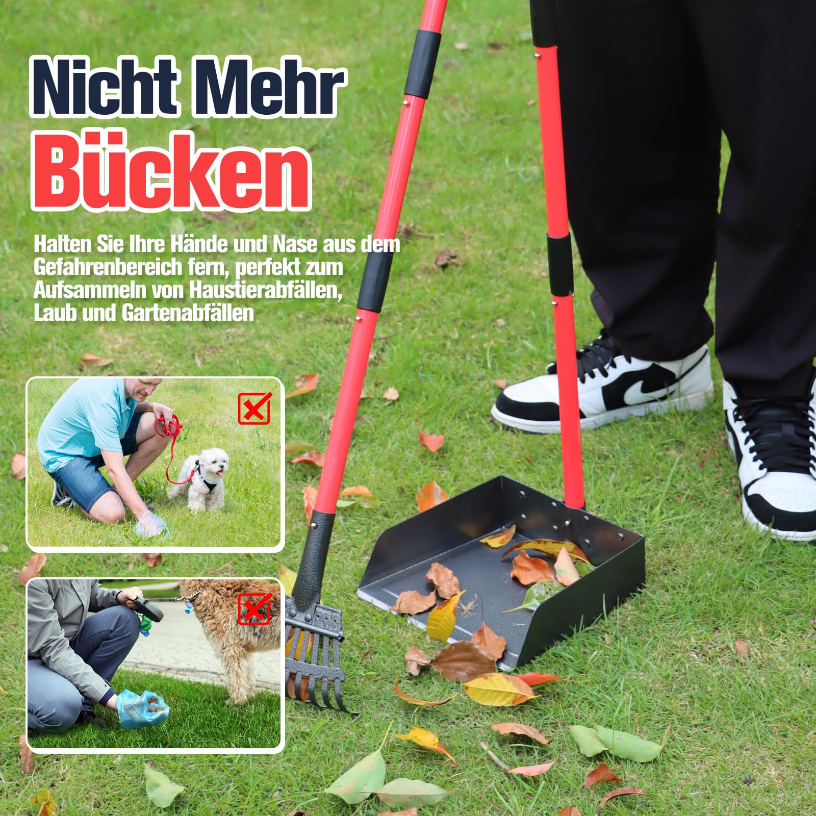 Hundekotschaufel Kehrschaufel & Rechen Mit Abfallsäcken, Hundekotsammler Langer Griff, Hundekot Scooper Für Garten & Laub
