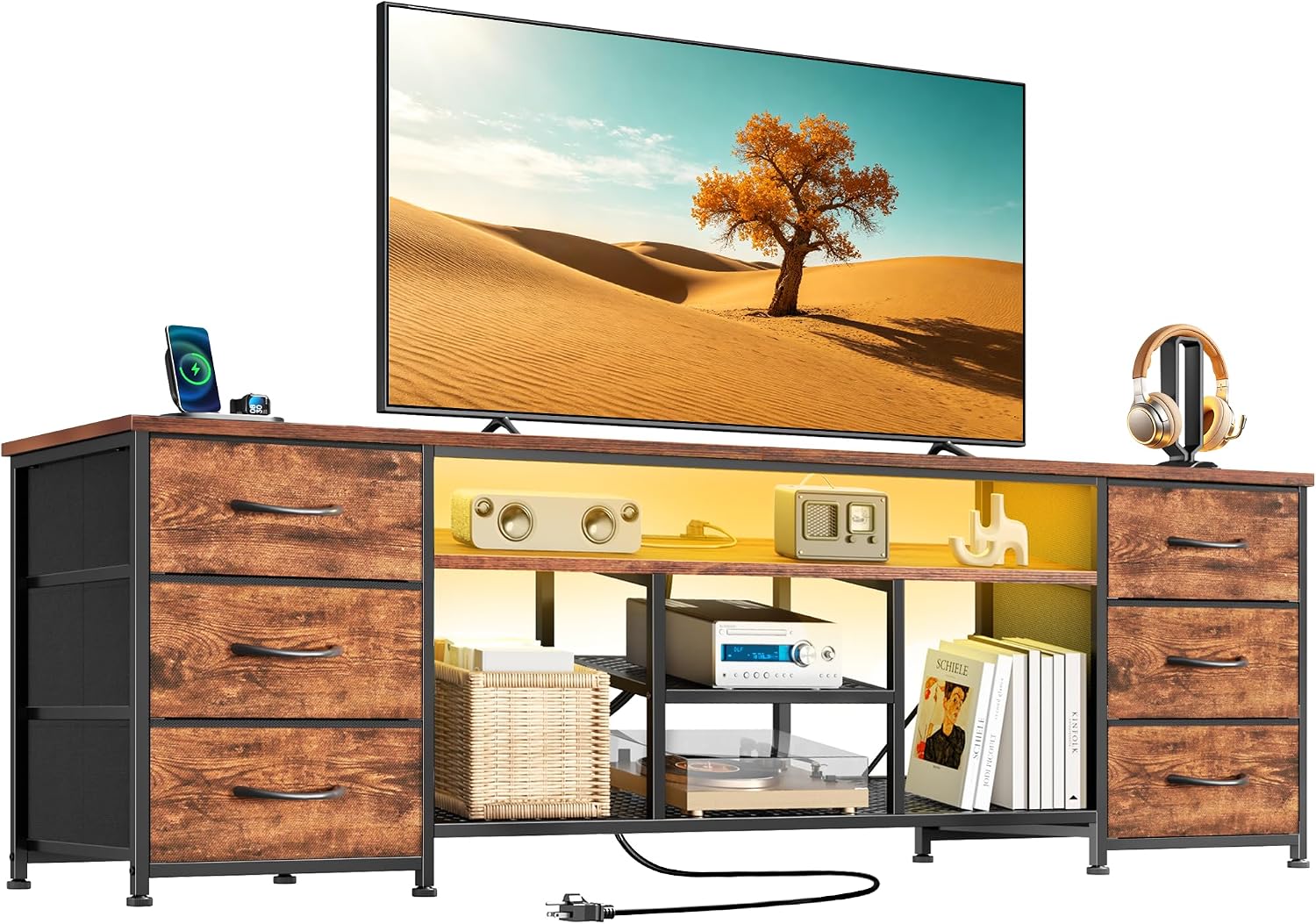 Furologee 71 Inch LED TV Stand, Entertainment Center, Rustic Brown