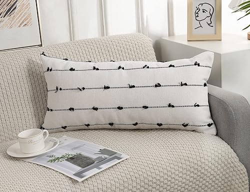 Miniatura 2 de Funda de cojín lumbar larga bohemia de 14 x 24 pulgadas, color negro, patrón de rayas clásicas de algodón, funda de cojín decorativa larga para