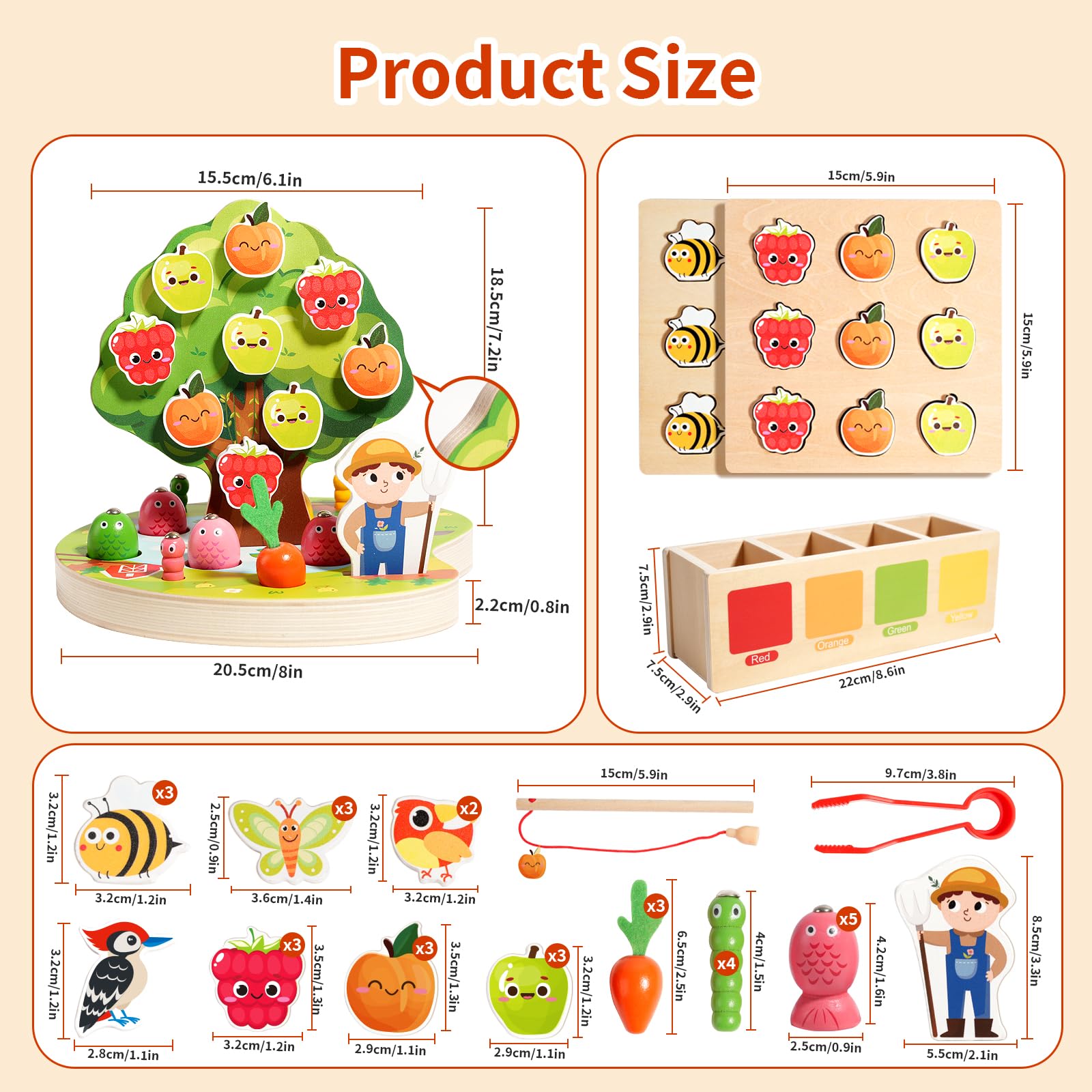 INIFEIDALA - Jouet sensoriel Montessori en bois pour enfants de 3 à 4 à 5 ans, trieur de couleurs, kit de récolte de carottes, pêche magnétique, jouet de motricité fine