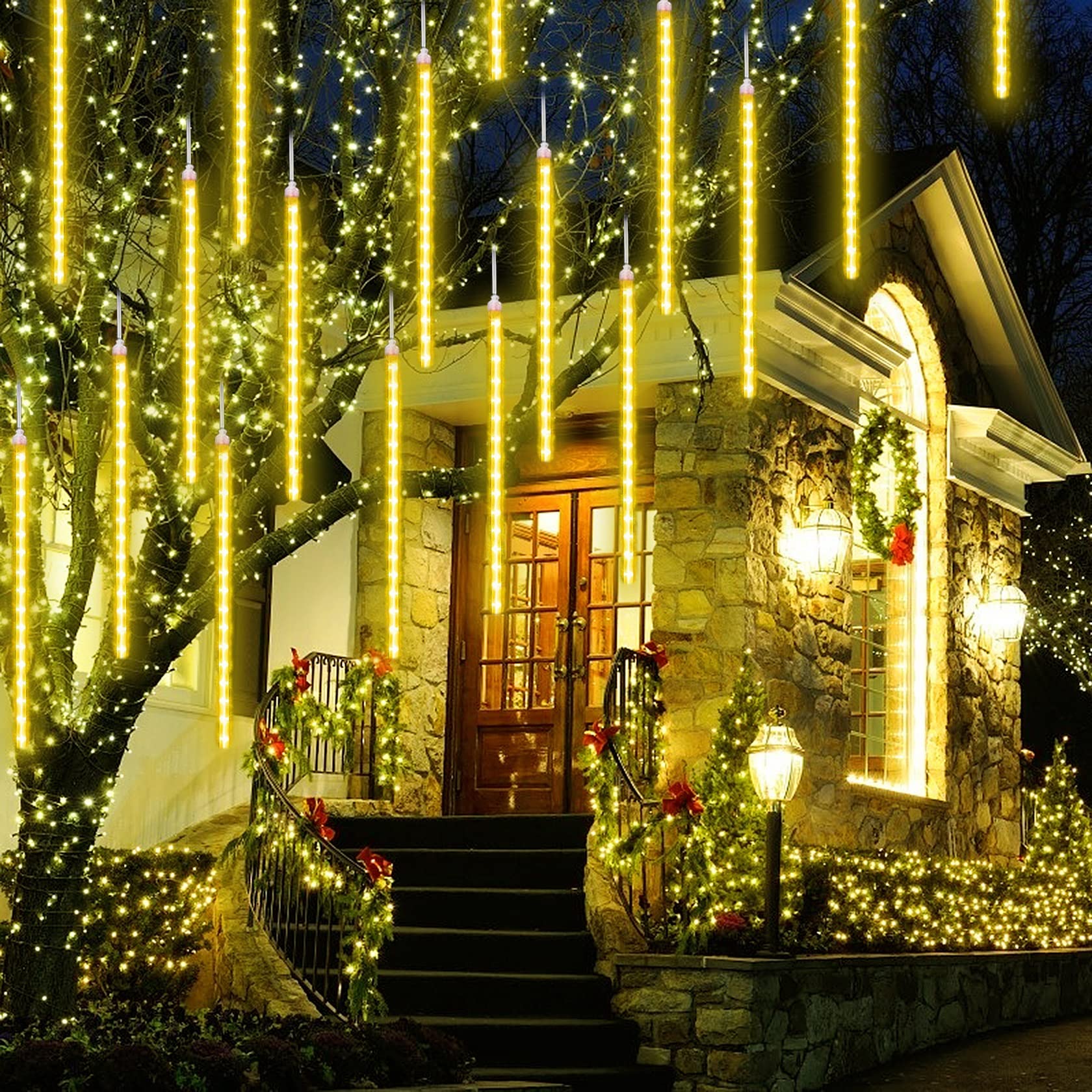 Luces de lluvia de meteoros, luces de Navidad, cadena de luces LED en cascada para Navidad, Halloween, día festivo, decoración de jardín, árboles al aire libre, boda, azul 80cm 8 Tubes Blanco CáLido