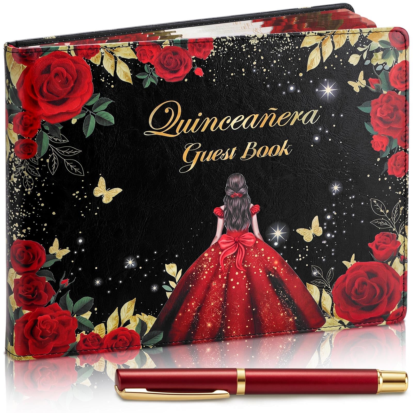 MotiMind Quinceanera Guest Book with Pen Libro De Firmas Para 15 Anos Red