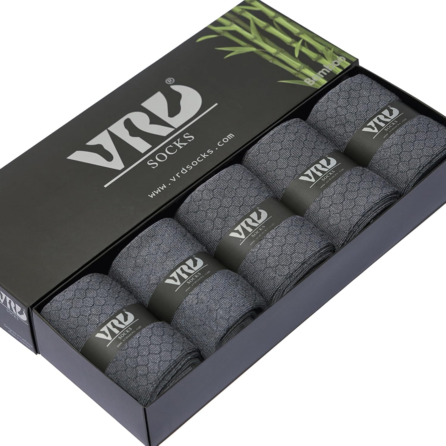 VRD Mens Dress Socks, Bamboo Rayon 5-Pack, Grey Crew Length Mid-Calf Socks for Men Shoe Size 8-13