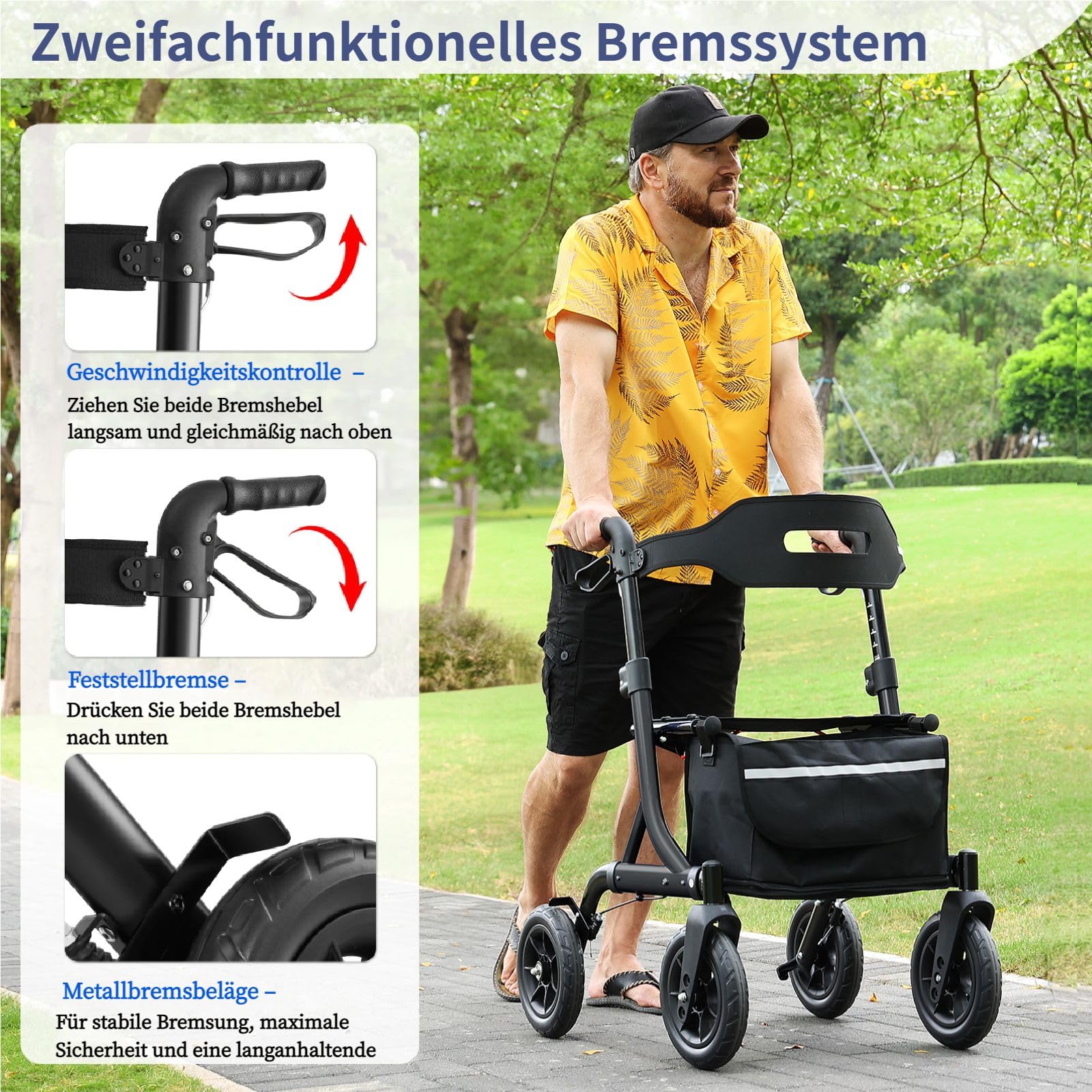 MAXWALK Rollator Faltbar und Leicht mit Sitz,25cm Reifen für All Gelände | Rollatoren Schmal für Wohnung,Integrierte Seilzugbremsung,Getränkehalter,Höhenverstellbare Aluminium Rollatoren für Senioren