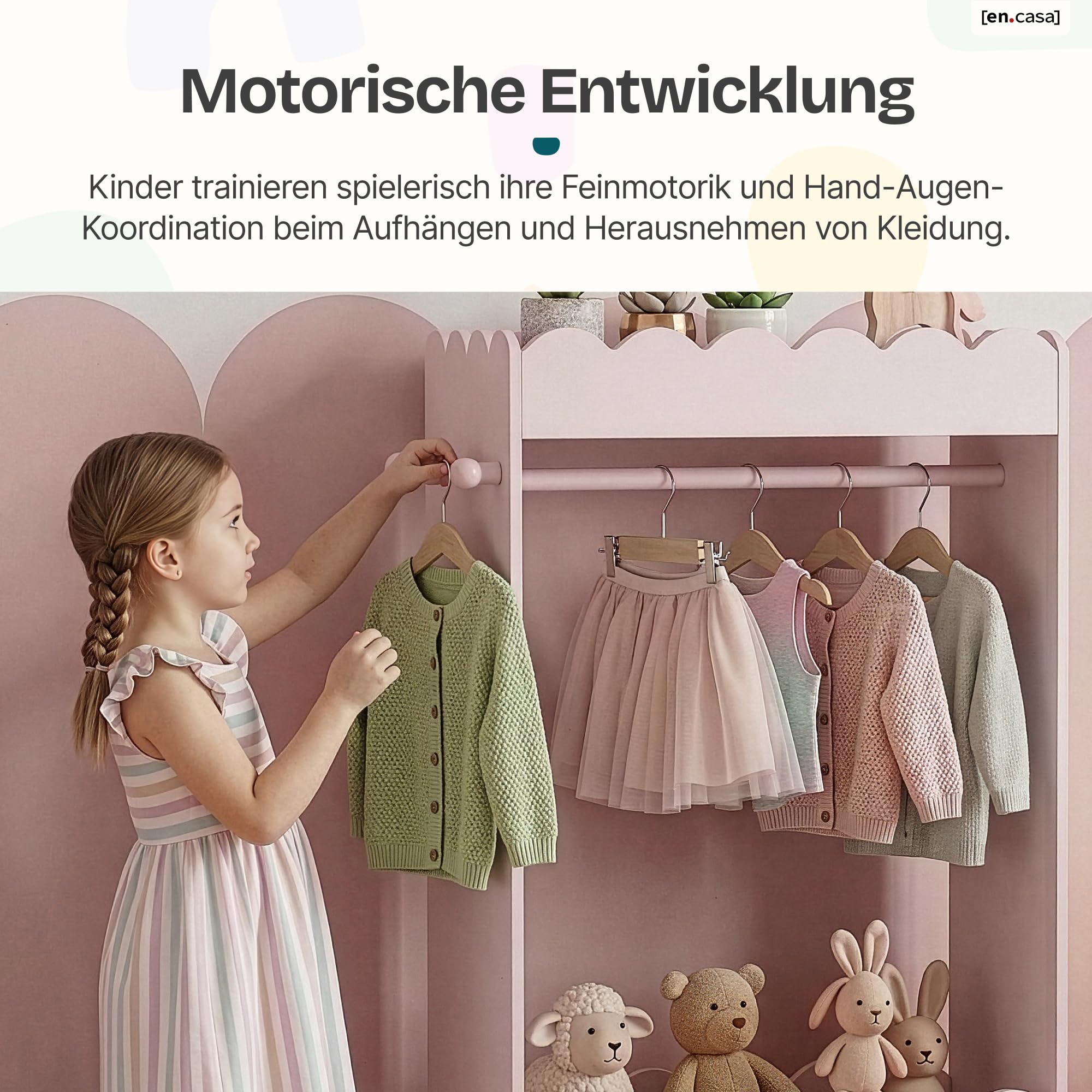 [en.casa] Kindergarderobe stehend Vestnes Kinder Kleiderschrank mit Spiegel und Kleiderstange 120 x 63 x 38 cm Kleiderständer mit 3 Haken Wellendesign Cotton Candy