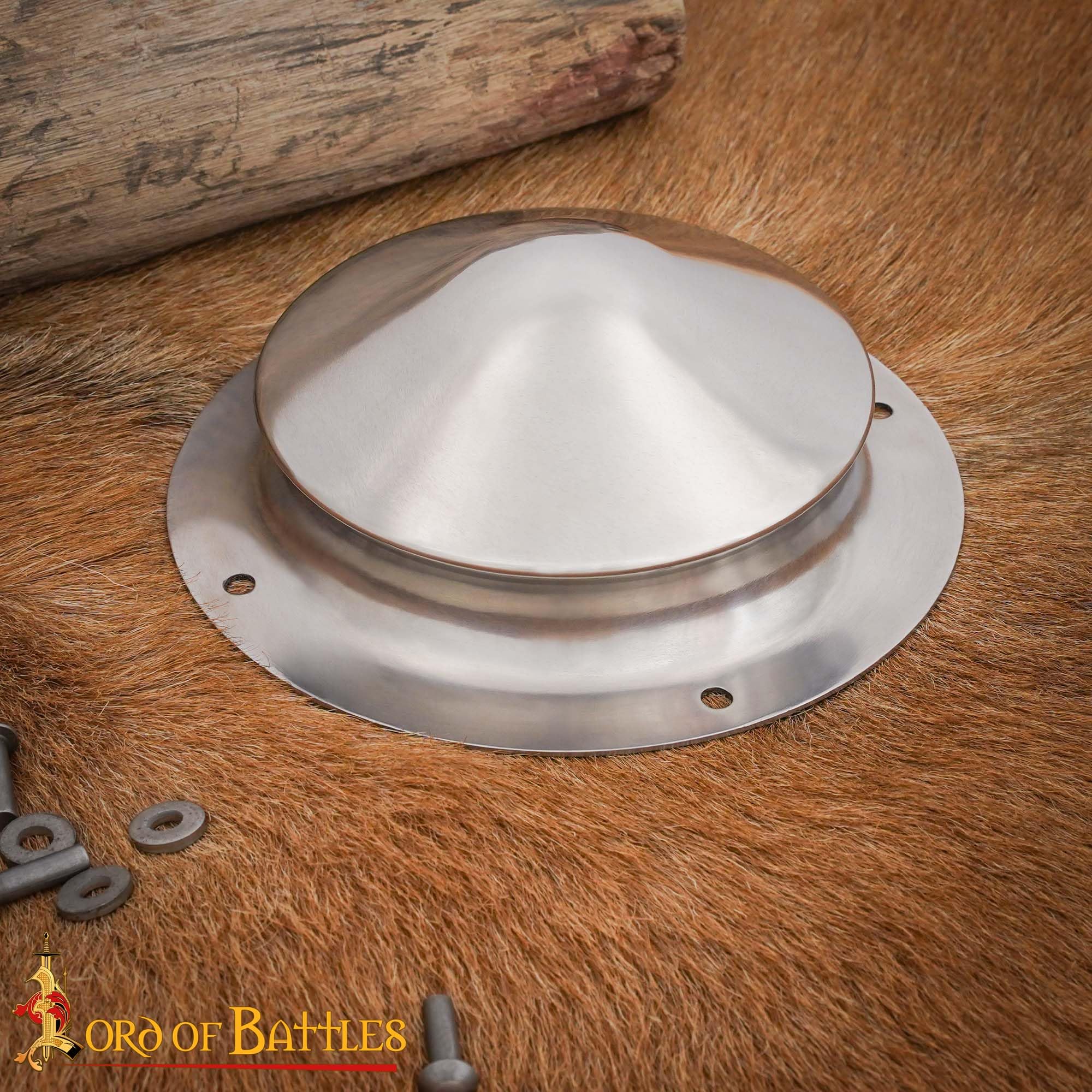 Lord Of Battles Medieval Shield Conical Boss Handgeschmiedeter Stahl Umbo Polished Finish with Rivets Celtic Viking Shields Historical Reenactments, glänzend, 17 cm