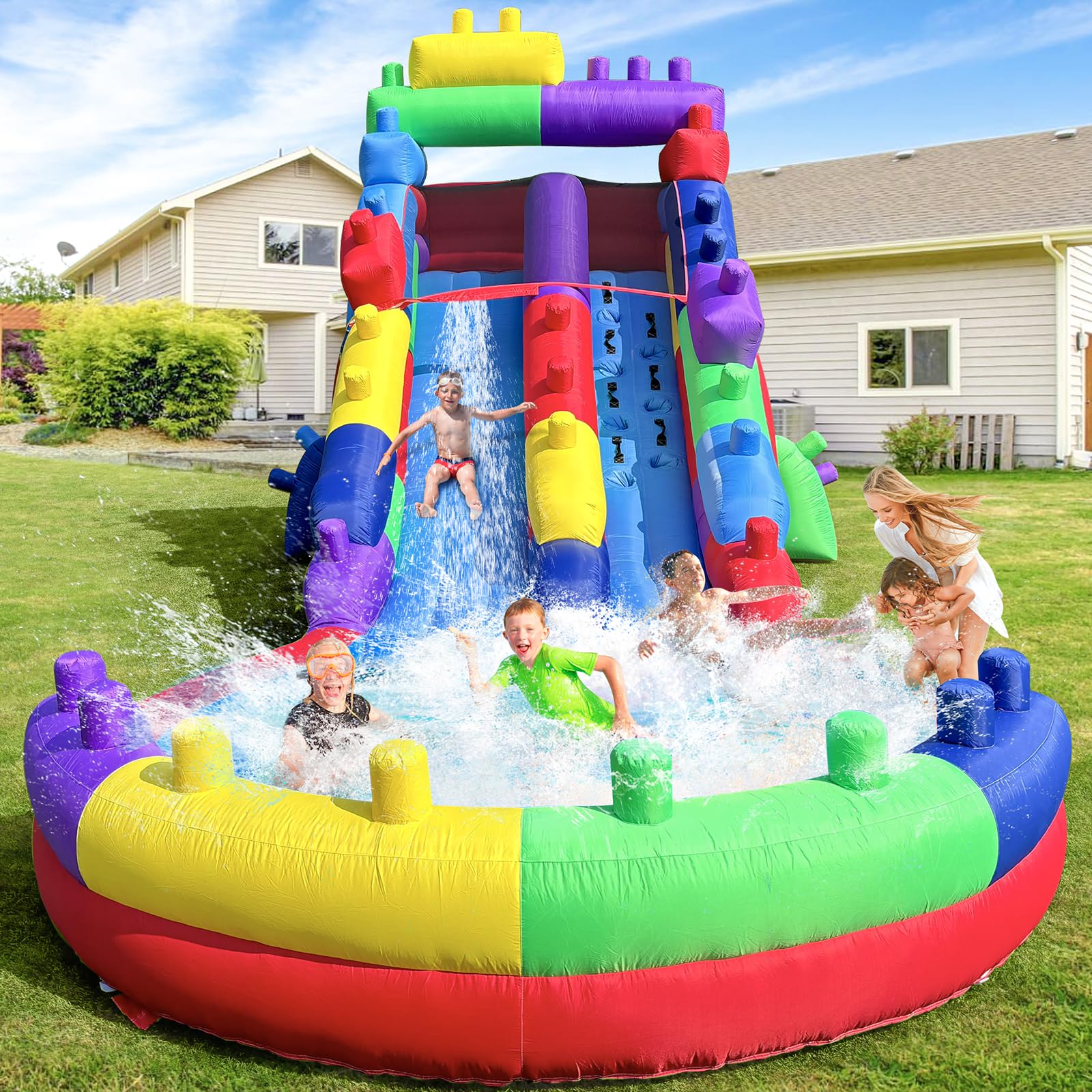 GOFAFALO Inflatable Grade Water Slide with Big Splash Pool, 22.5 * 9.84 * 10.8FT Backyard Party Oxford Water Slide with Air Blower-Building Block