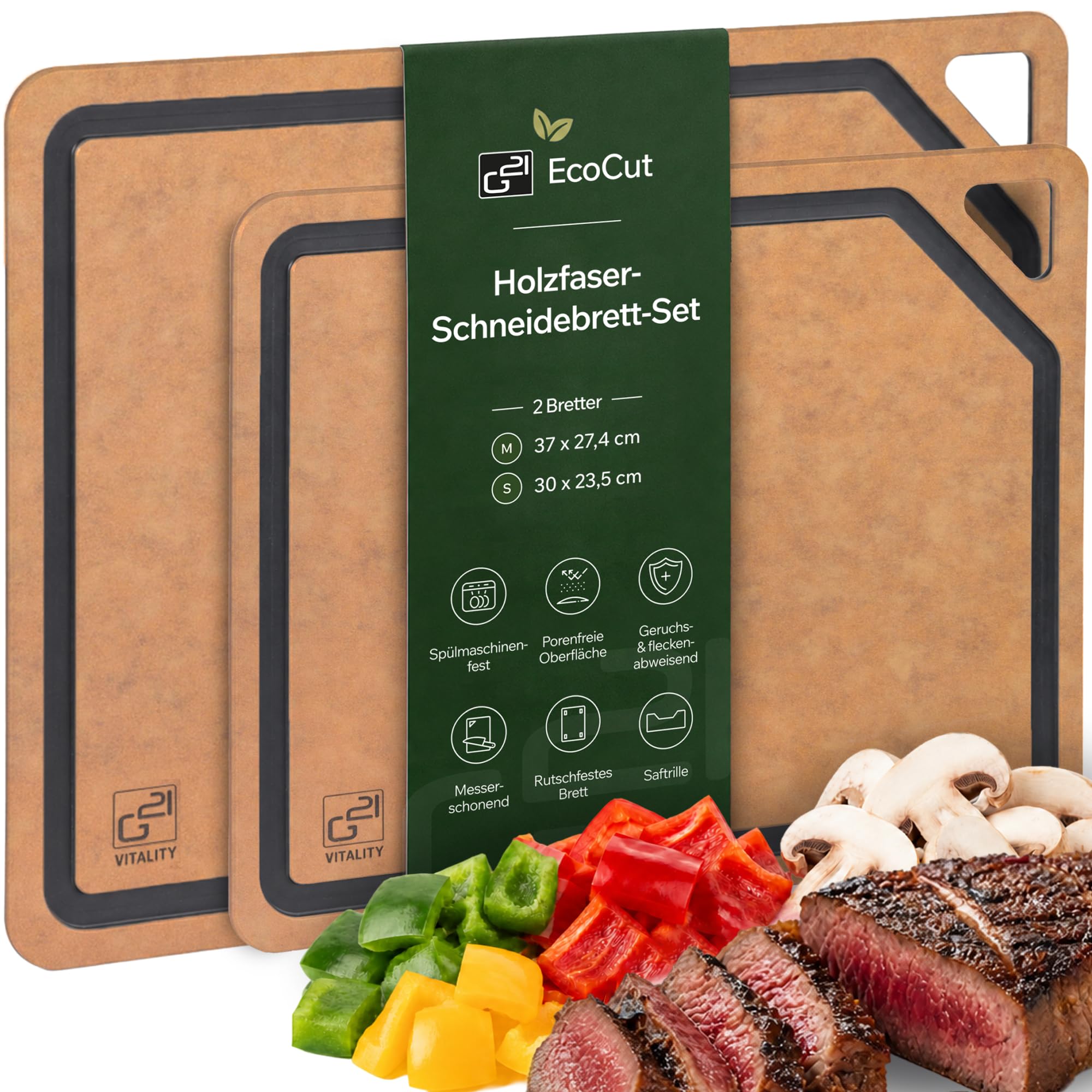 G21 EcoCut Schneidebrett Holzfaser 2er Set Spülmaschinenfest, Braun | BPA- & VOC-frei, LFGB-geprüft, porenfrei, geruchsneutral, mit Saftrille & rutschfesten Füßen, messerschonend, hitzebeständig