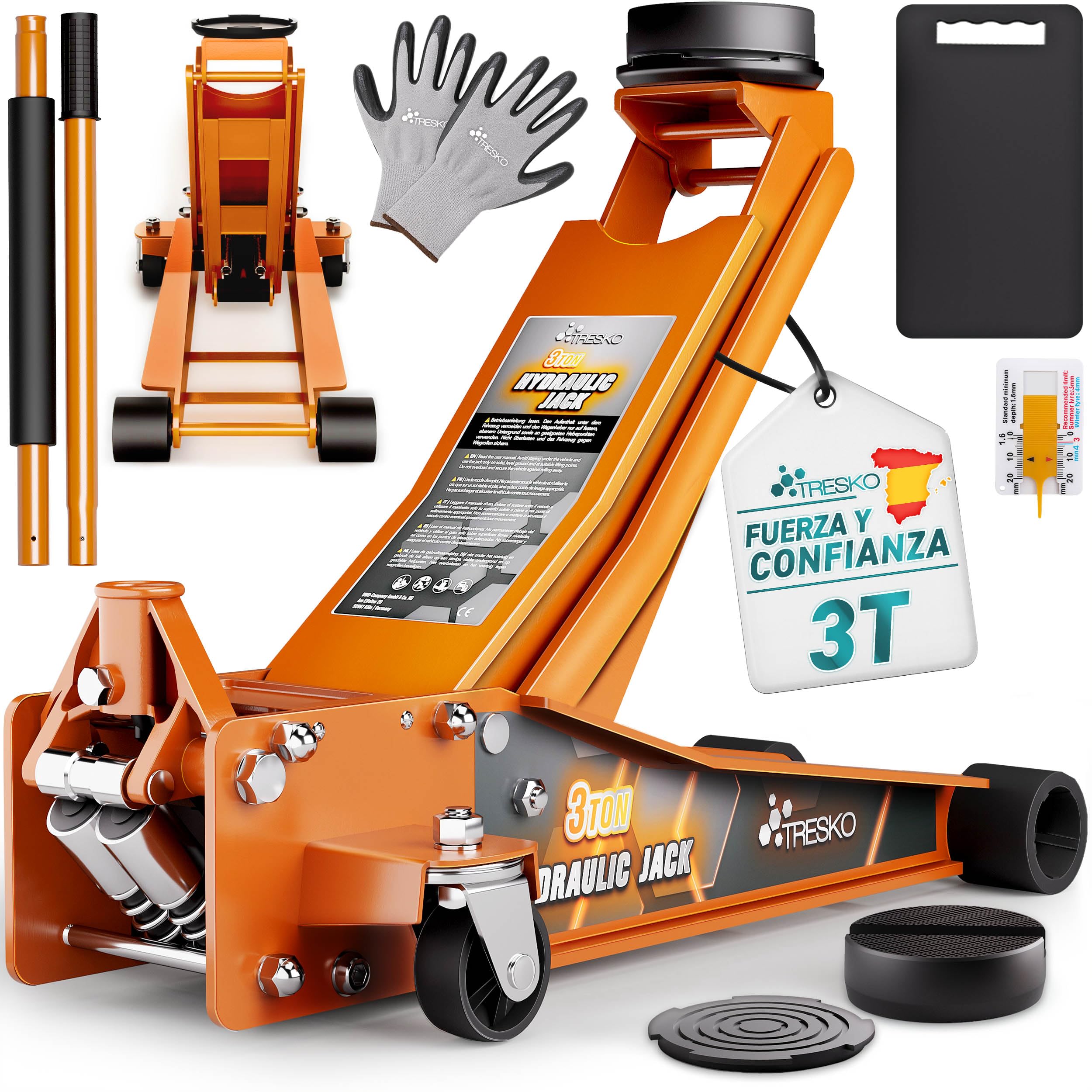 TRESKO® gato hidráulico 3T altura de elevación 75-510mm | Hidráulico para vehículos de maniobra con doble pistón y ruedas de 360° | Elevador incluye 2X revestimiento de goma, alfombrilla protectora