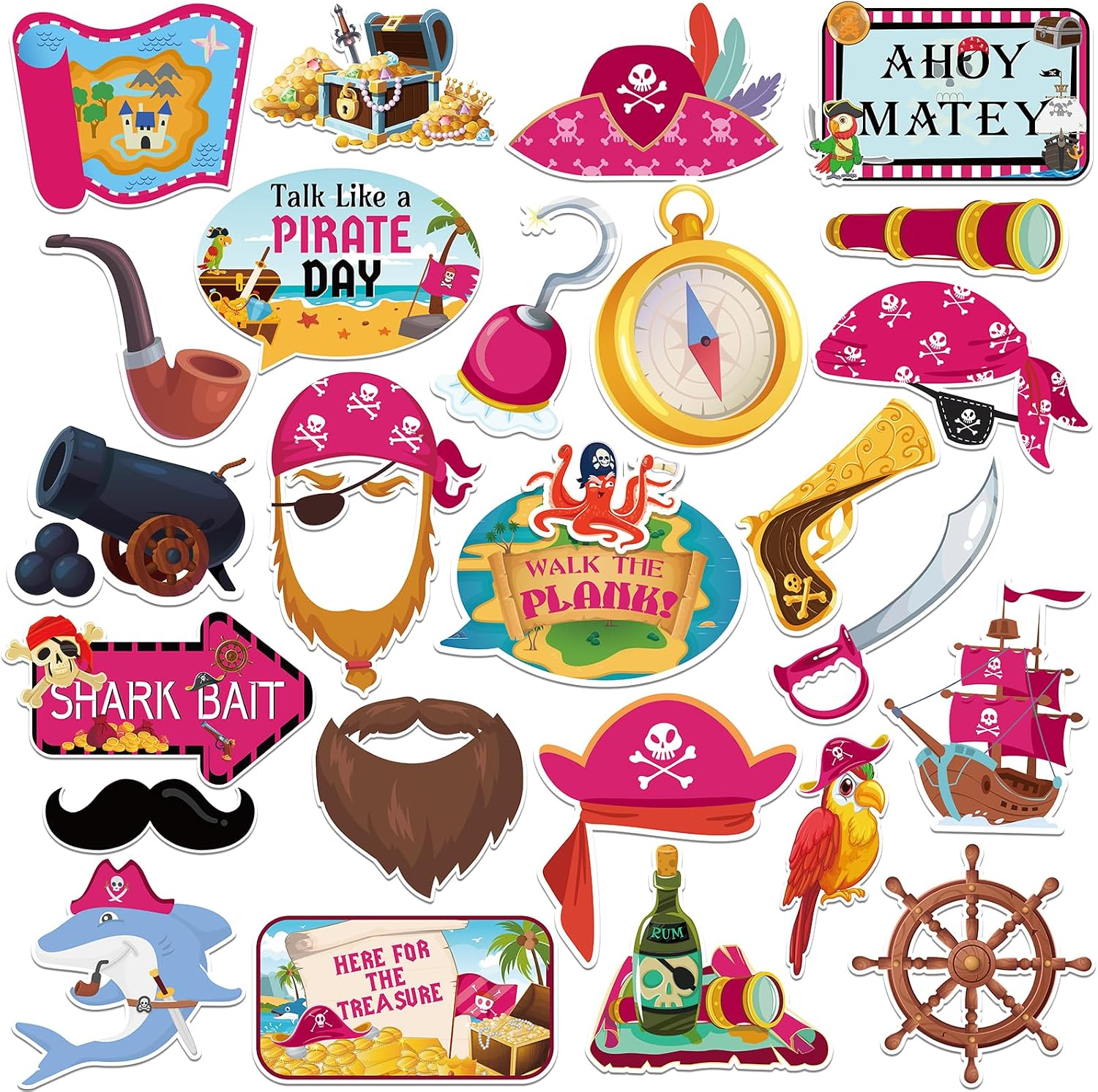 25pcs Pirate Adventure Photo Booth Props Fun Pirate Party Supplies for Kids Birthday Decorations Girls Pirate Themed Photo Props Pirate Treasure Hunting Party Pink