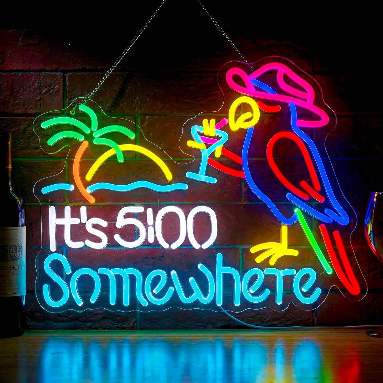 Neon Bar Signs 10-Level Dimmer Parrot Beer Neon Light Sign for Tiki Bar Pub Tropical Wall Decor Man Cave Party