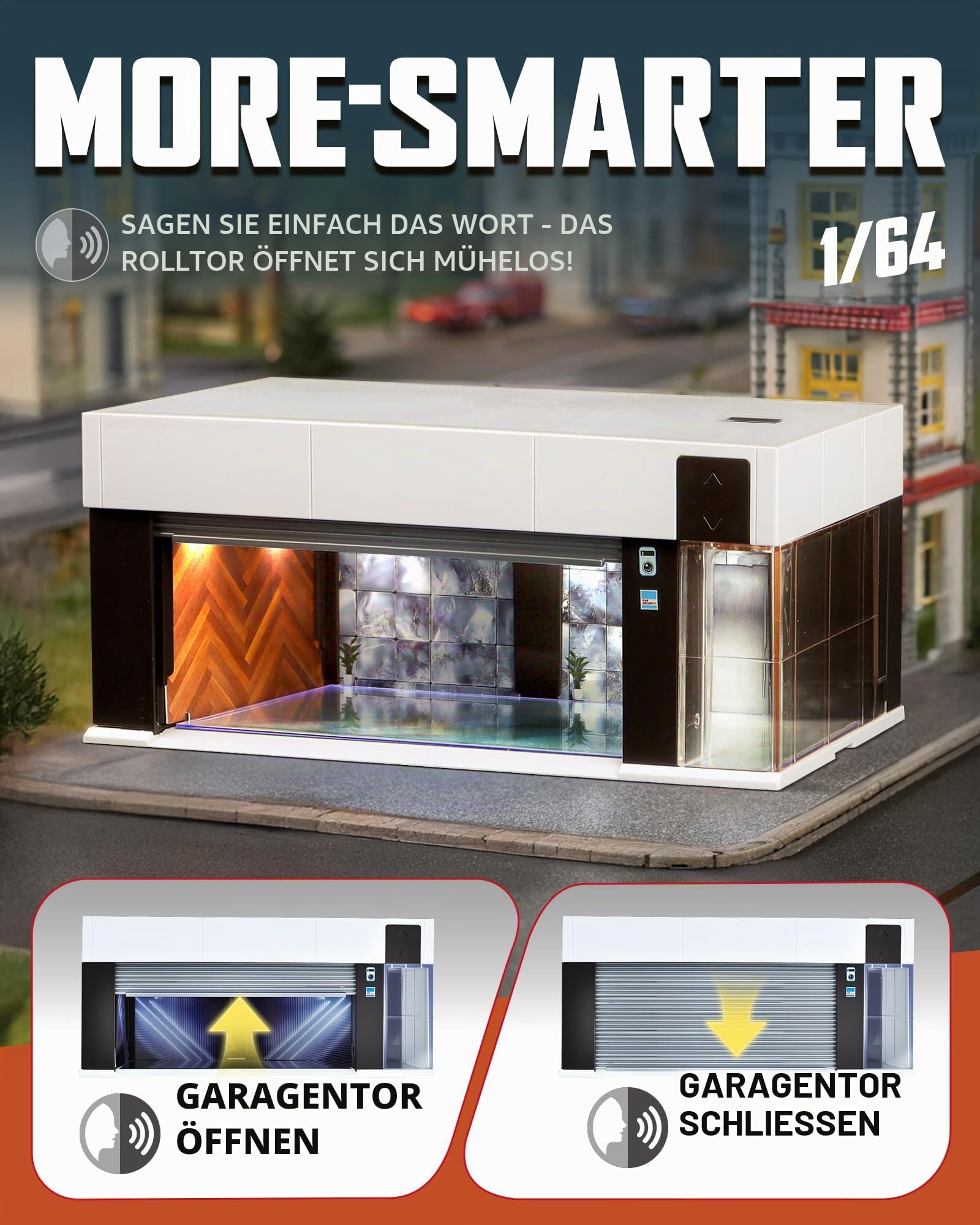 1/64 Maßstab Druckguss-Vitrine für Hot Wheel-Aufbewahrung mit LED-Lichtern, stapelbare elektrische Garage mit Sprachsteuerung, 3 austauschbare 3D-Szenen-Parkplatz-Diorama für Modellautos