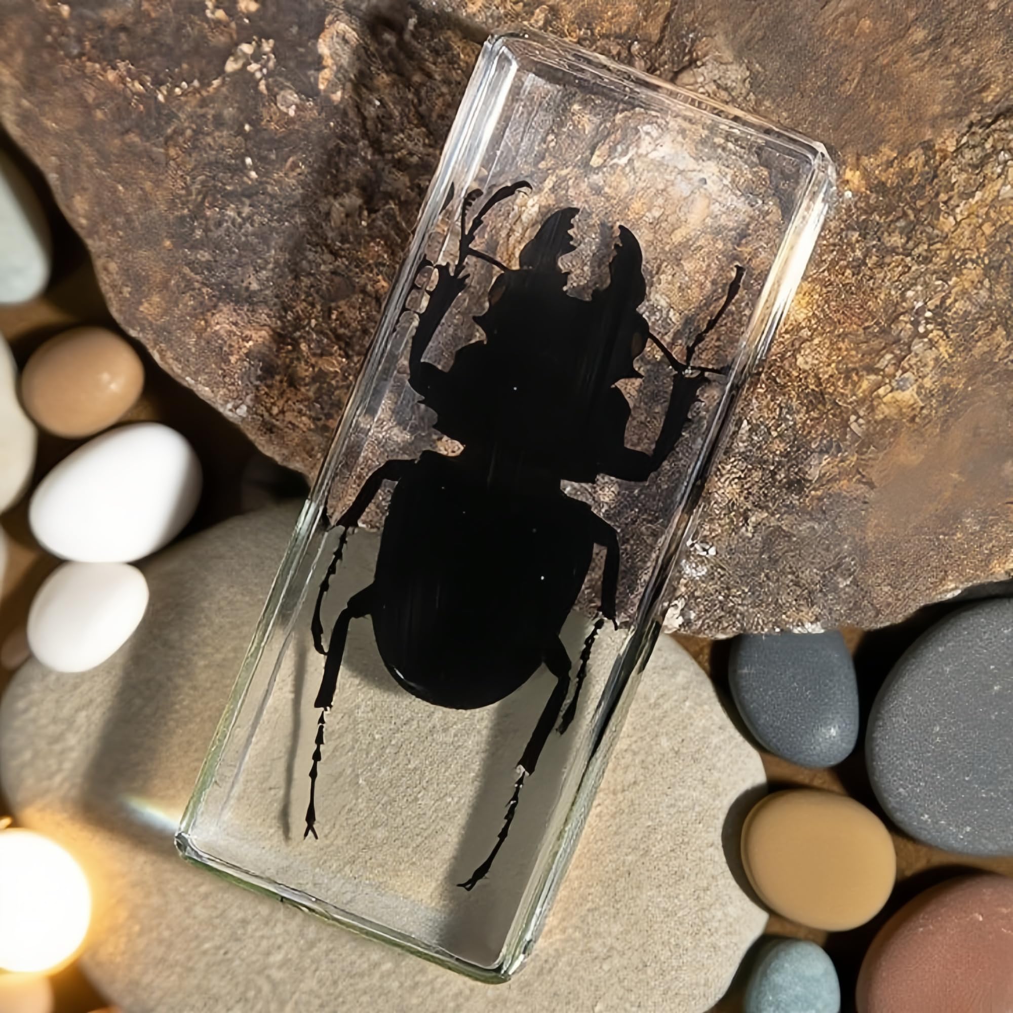 Véritable Lucane cerf-volant en résine transparente – Spécimen d'insecte préservé pour exposition, collection pédagogique ou décoration de presse-papiers