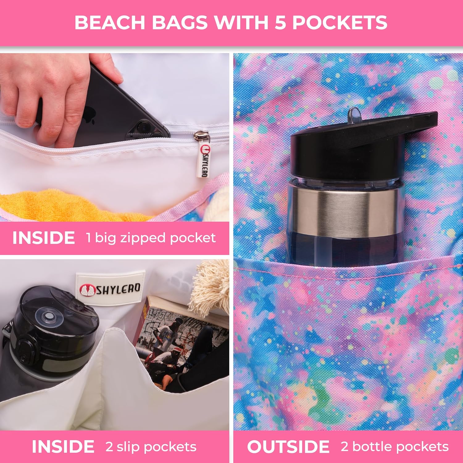 Beach Bag and Pool Bag Has Cooler Pocket, 7 Pockets Total, Zip Top. Family Size Waterproof Beach Tote