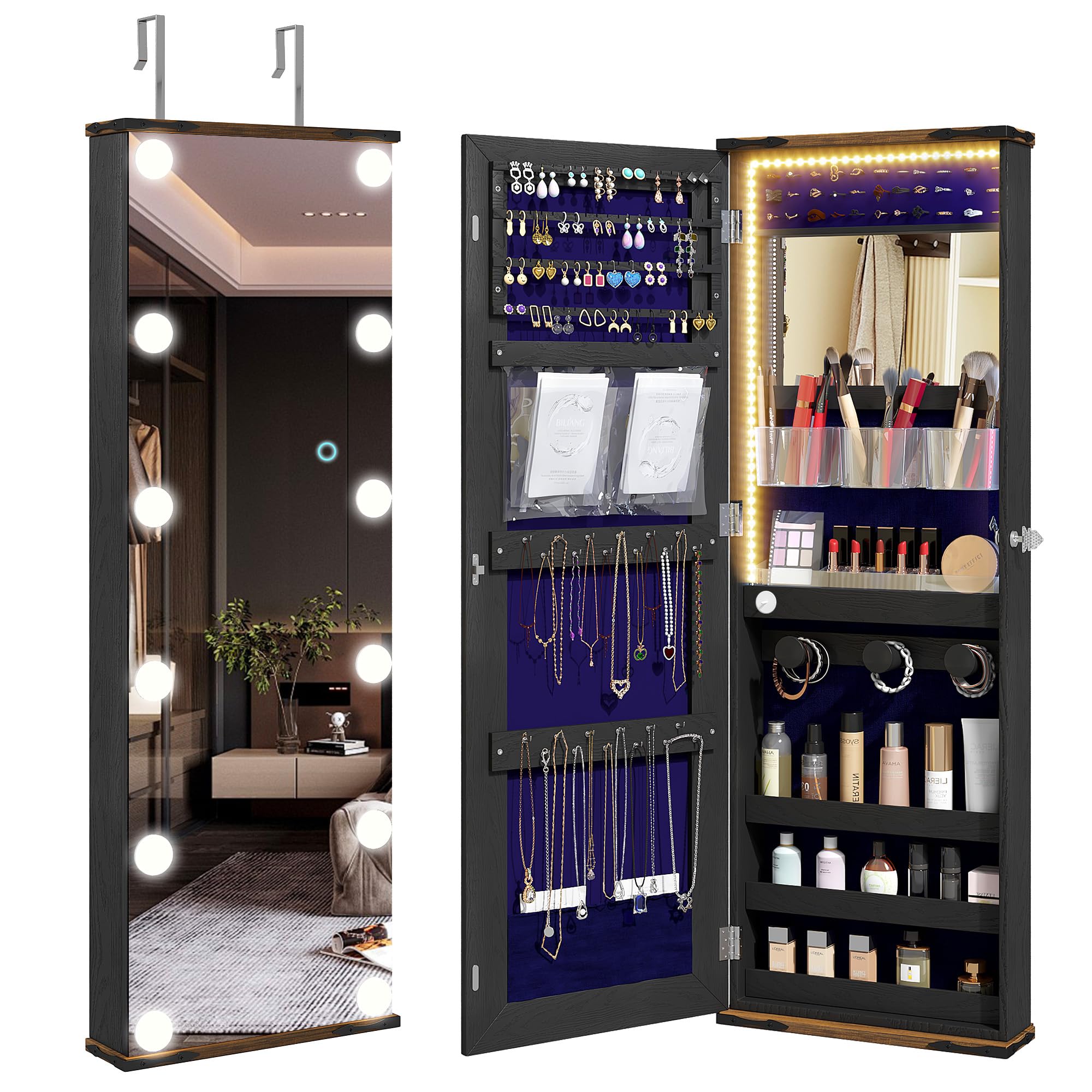 FREDEES Hanging Jewelry Cabinet with Full Mirror for Girls/Women, Black