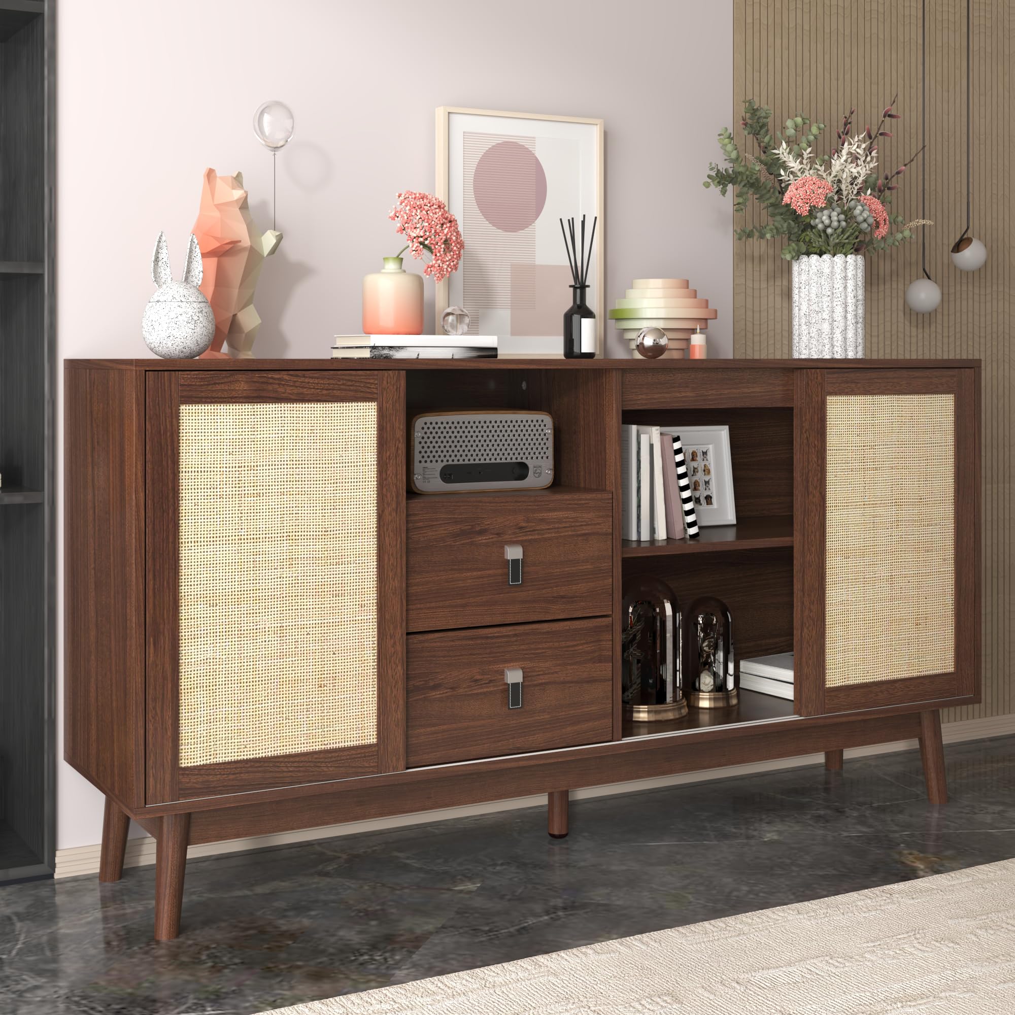 Sideboard 155x38x80 Cm Mit Rattan Schiebetüren 2 Schubladen Holzfüße Atmungsaktiv Stauraum Buffetschrank Anrichte Wohnzimmer Schrank Regal Mit Türen Für Flur Esszimmer