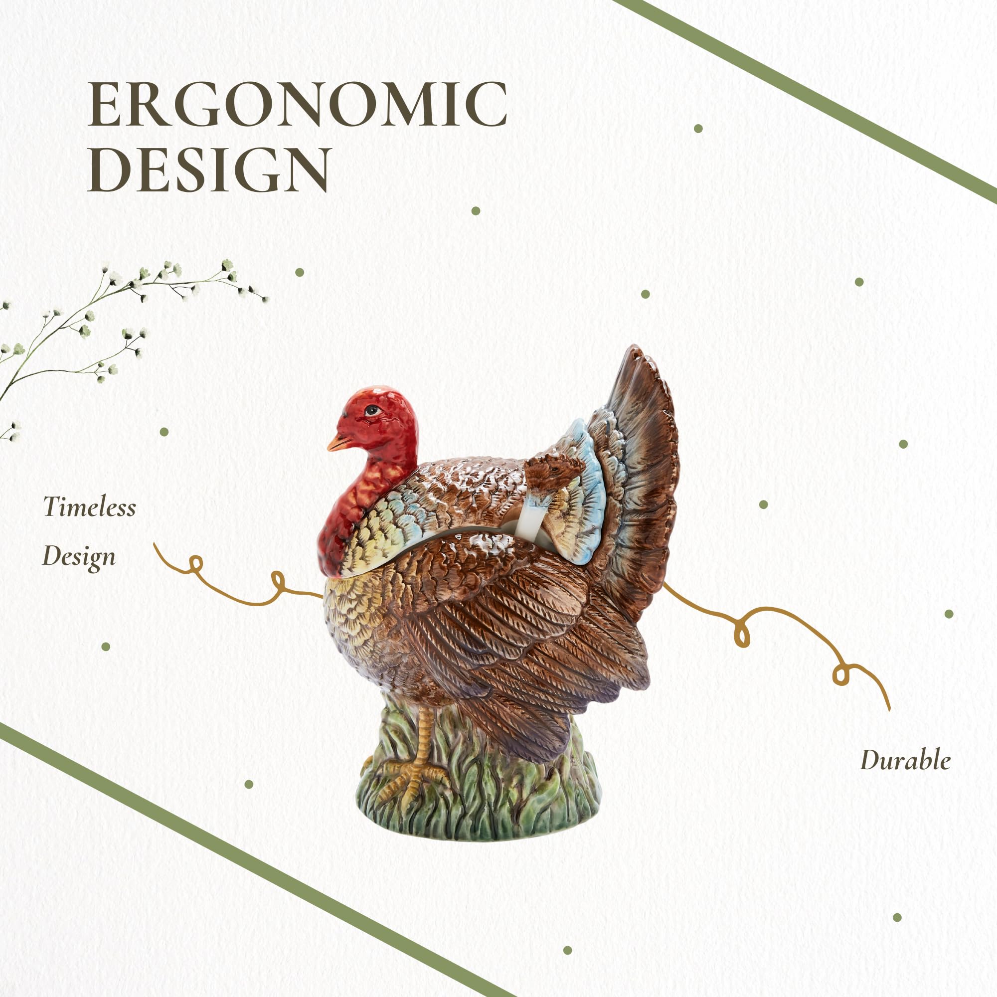 Spode Salero y pimentero en forma de pavo de 3.5 pulgadas, decoración de granja de cerámica dolomita para comedor formal, juego decorativo de sal y pimentero con tapones inferiores de fácil recarga,