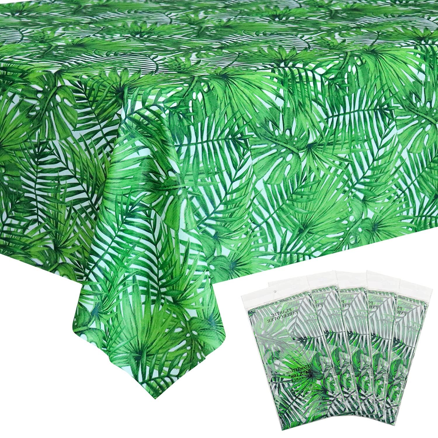 Lilwemen 5Pcs Tropical Luau Plastic Tablecloth, Hawaii Palm Leaves Table Cloth, Jungle Table Cover for Baby Birthday Bridal Shower Birthday Party Summer Zoo Jungle Safari Themed Party (2)