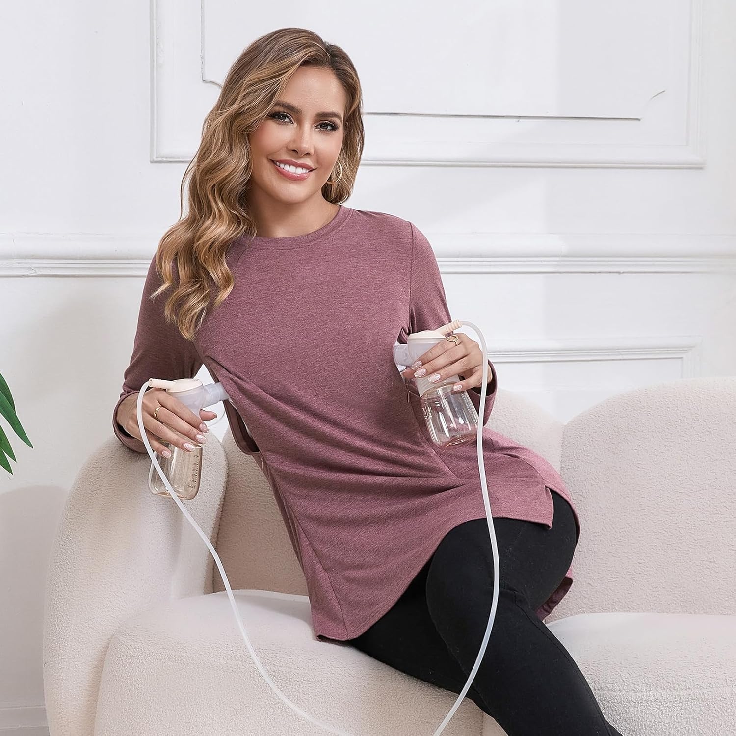 GINKANA 3 Packs Women's Nursing Shirts Long Sleeve Hidden Zipper Breastfeeding Pumping Tops Side Split Maternity Clothes - Image 5