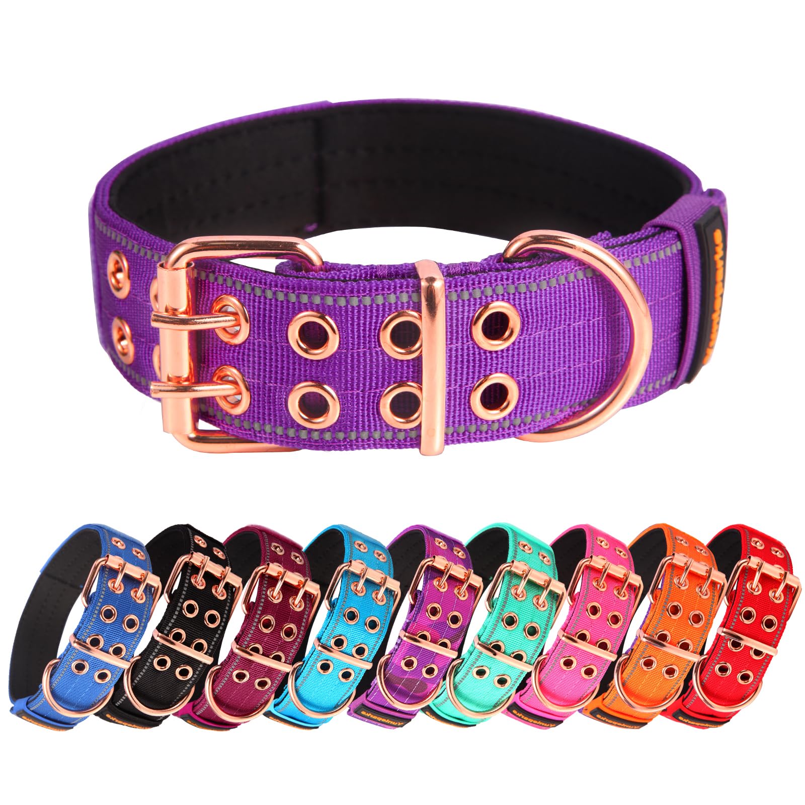 Yunleparks Heavy Duty Tactical Dog Collar with Neoprene Padded and Metal Buckle, Reflective Nylon for Medium to Large Dogs(Purple, Large)