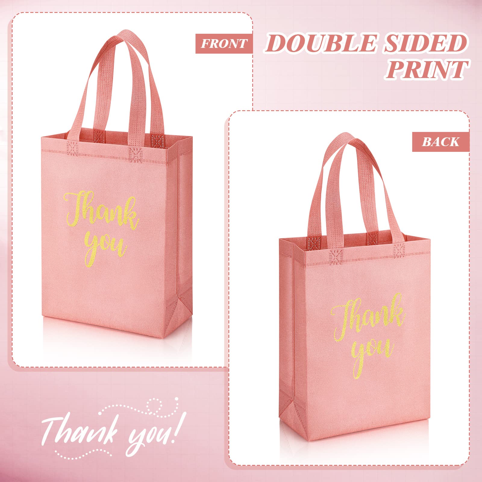 Roowest Lot de 50 sacs à provisions réutilisables non tissés avec poignées (rose, doré)
