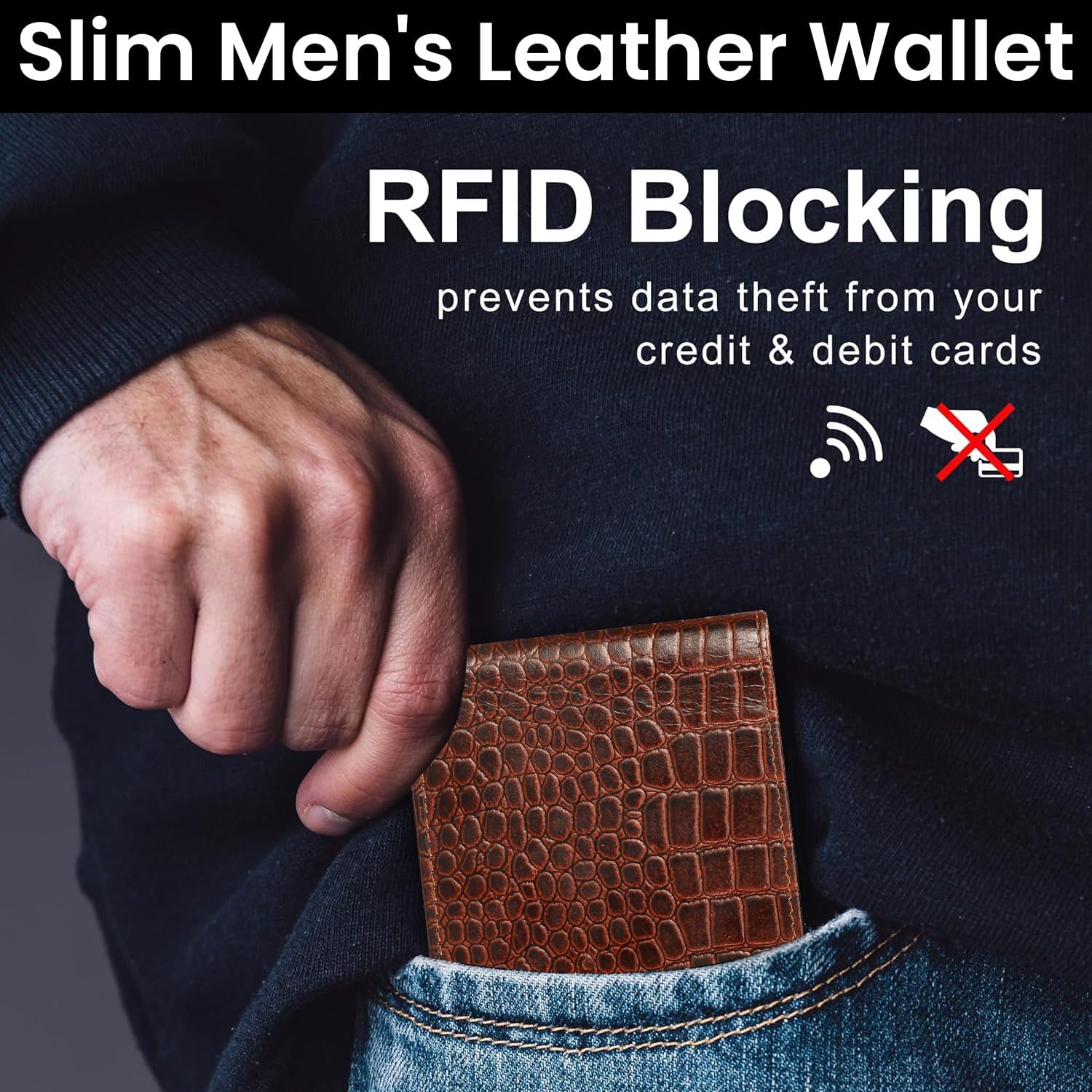 Men’s Leather Wallet RFID Blocking Slim Bifold Wallet for Men with 9 Card Slots, 1 ID Window, 2 Hidden Pockets, Zip Coin Pocket & 2 Cash Compartments Stylish Brown Crocodile Pattern - Image 3