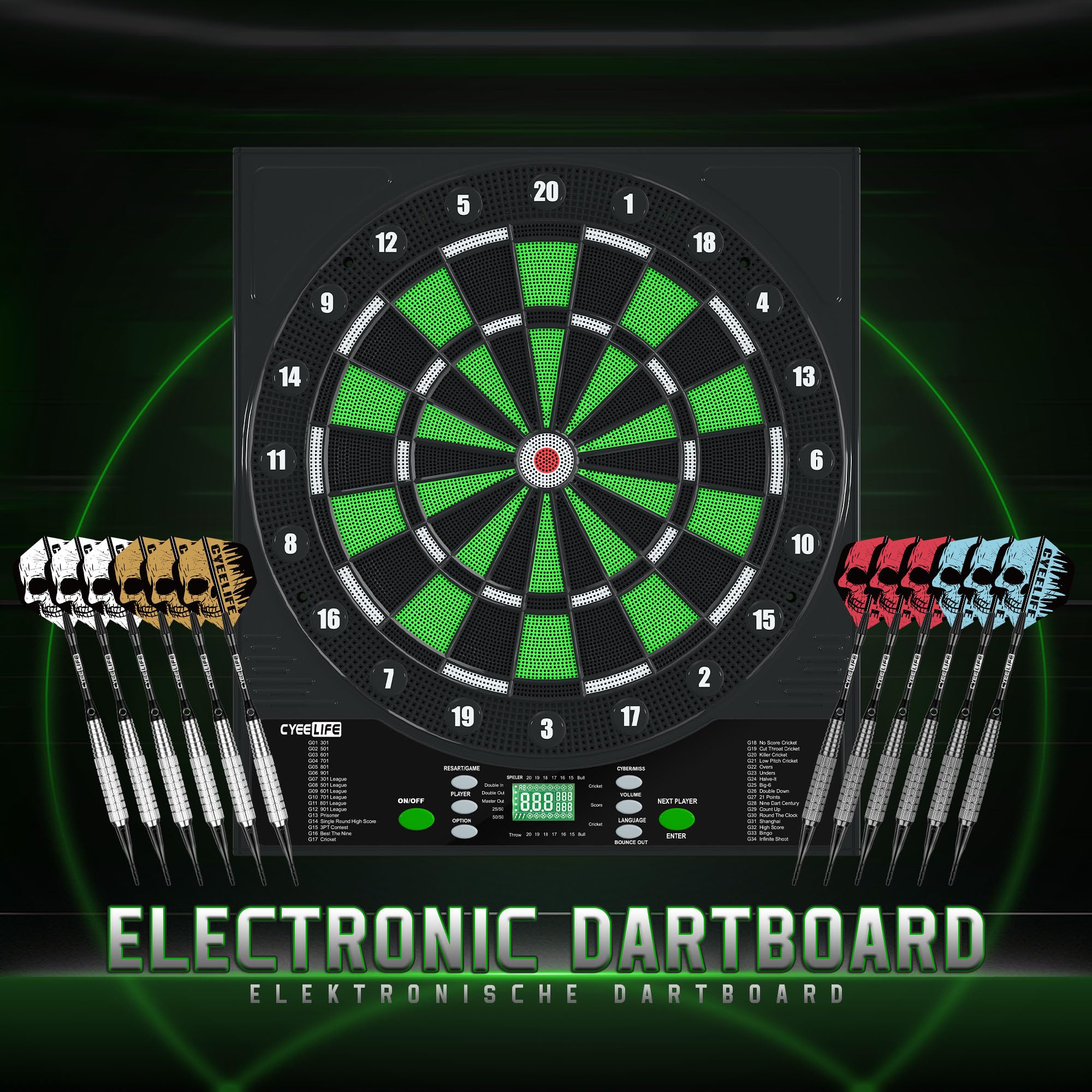 CyeeLife Tavola da Freccette Elettronica Dartboard 12 Frecce 50 Punte 24 Voli Accessori 1-8 Giocatori