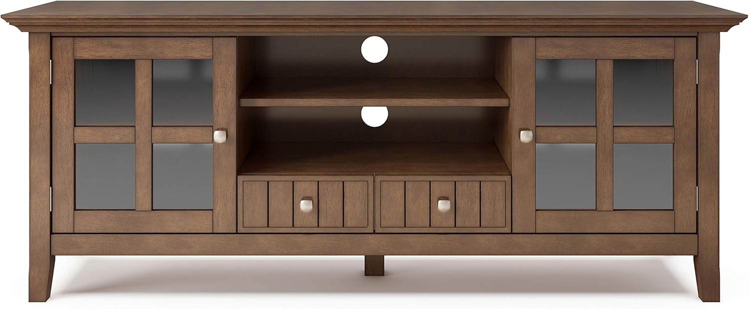SIMPLIHOME Acadian TV Stand - 60 inch Wide Solid Wood Media Console in Rustic Natural Aged Brown, Transitional Entertainment Center for Living Room for TVs up to 65 Inches with Glass Cabinets