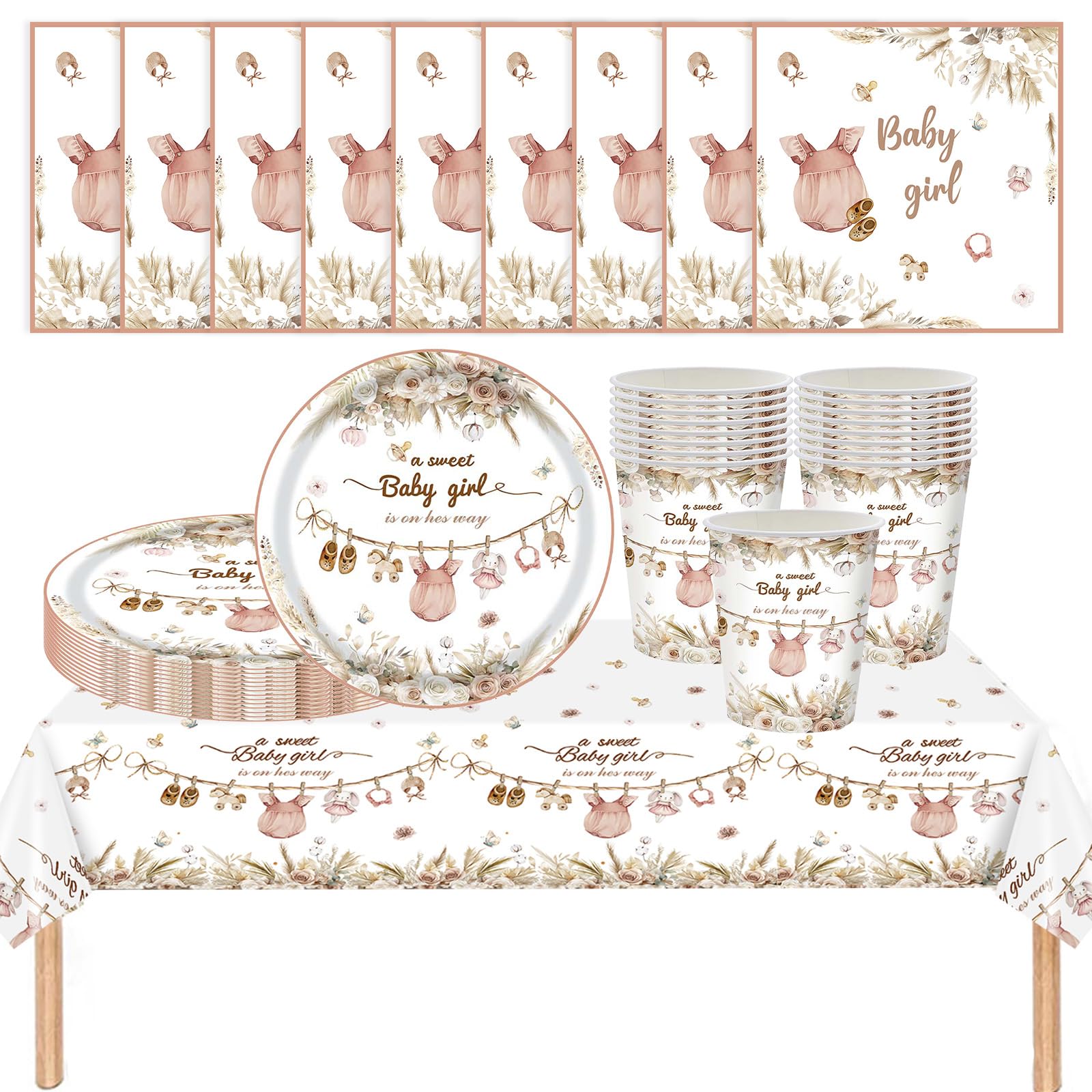 AURALIN Baby Girl Shower Tableware Set Pink 53 Pieces for 16 Guests — image 1