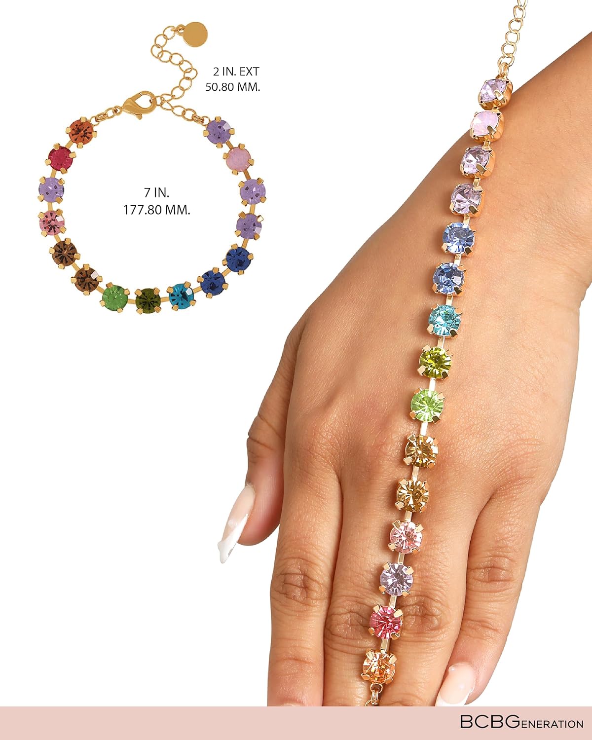 BCBGeneration Multicolored Crystal Bracelet for Women 7"+2", Gold-Tone Sparkly Tennis Bracelet, Valentines Day Gifts for Her - Image 4