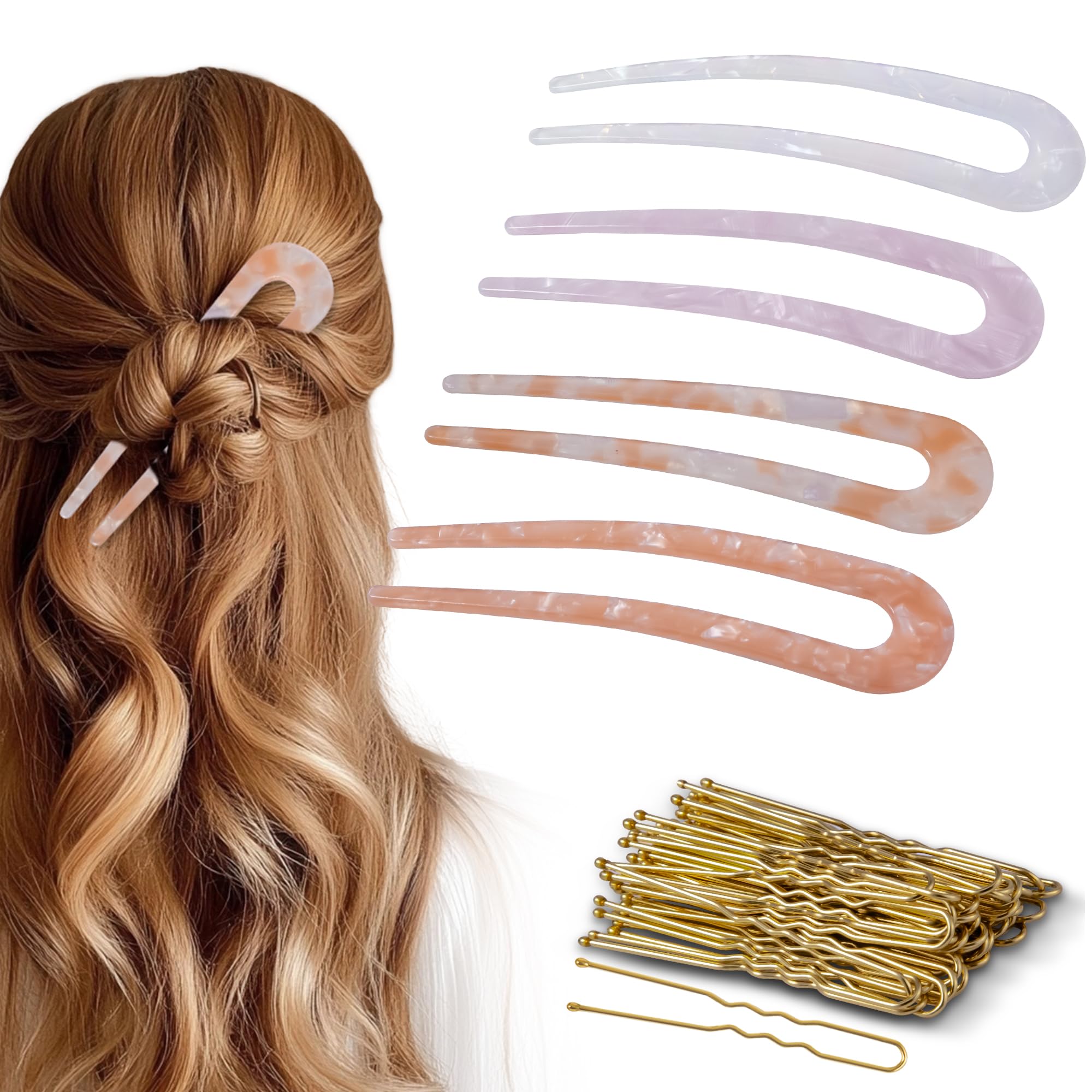 hisial 4Pcs French Hair Pin and 50Pcs Gold Bobby Pins for Women U Shape Hair Sticks Vintage Hair Fork for Buns(Beige/Pink/...