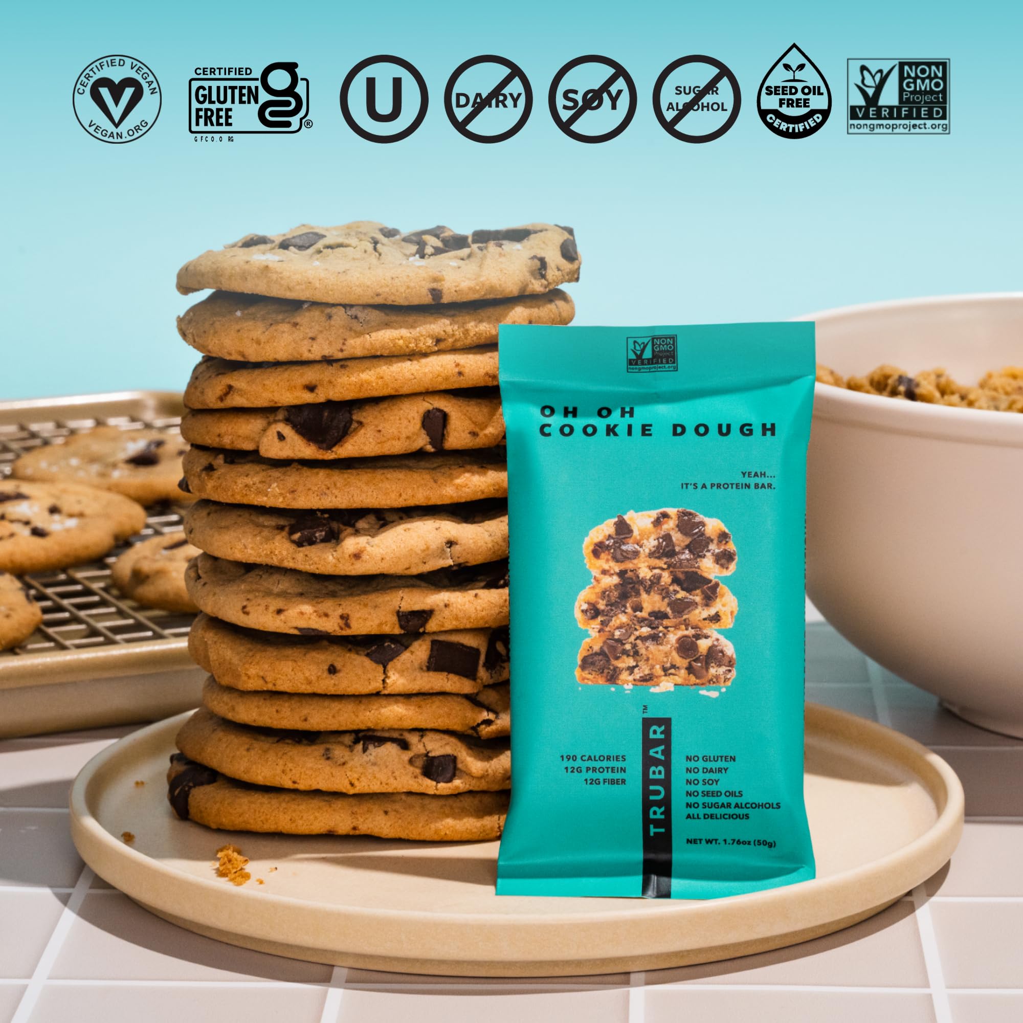 TRUBAR Vegan Protein Bar, Oh Oh Cookie Dough, Gluten Free, Plant Based Protein, Dairy Free, Non GMO, Soy Free, No Sugar Alcohols, 12G Protein, 13G Fiber, Healthy on the Go Snack Bars, 12 CT — Amazon image 5