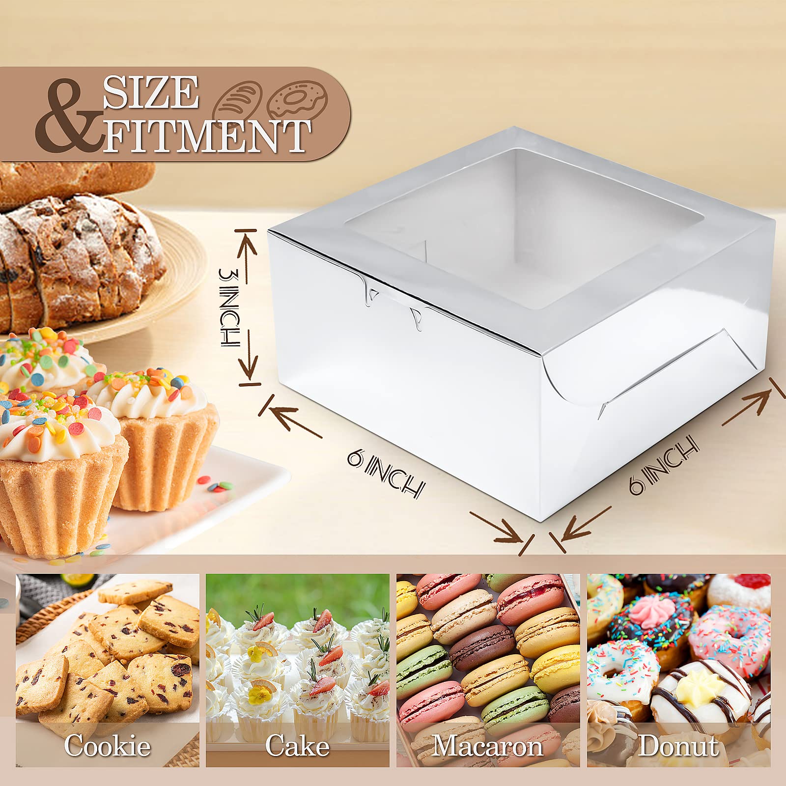 KPOSIYA 65 cajas de panadería con ventana de 6 x 6 x 3 pulgadas, 5 estilos de cajas de galletas pequeñas para dulces, postres, pasteles, donas, fiesta de cumpleaños, boda (plata)