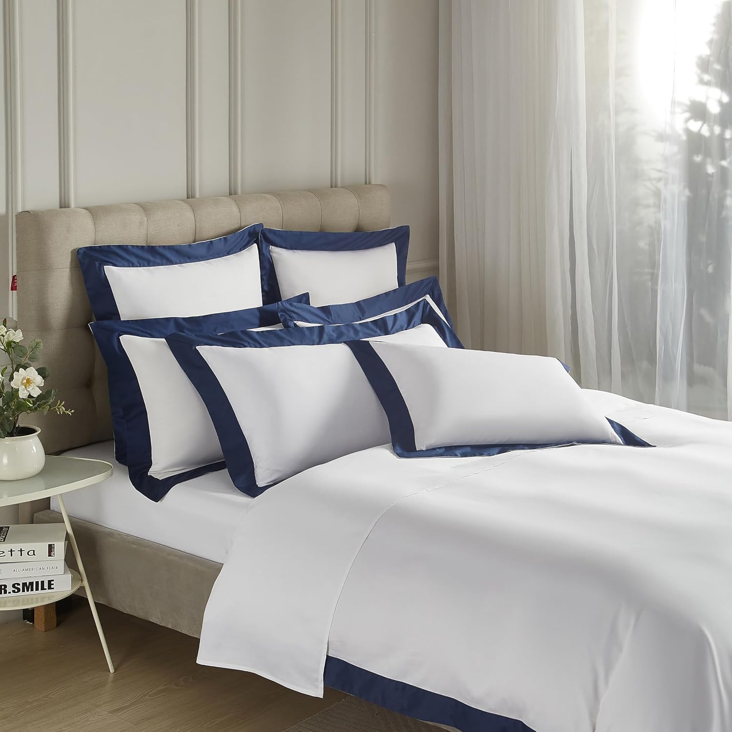 Cotton Duvet Cover King Size, 100% Cotton White Duvet Cover Set with Navy Border, 400TC Sateen Weave Luxury Soft Smooth Cool Breathable Bedding for All Season, 3 Pieces, 104x90 Inches
