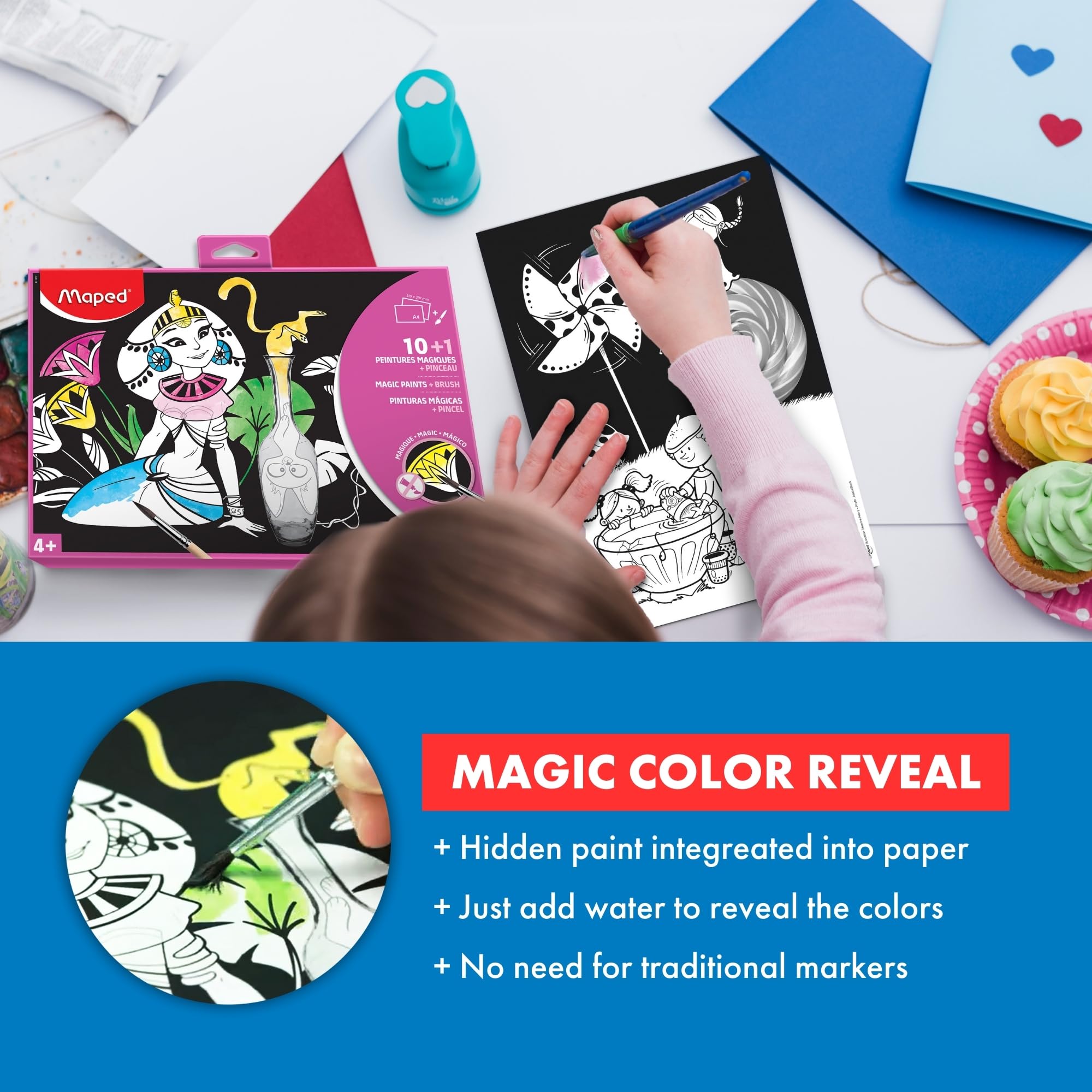 Maped - Activités de coloriage - Papiers à peindre - Comprend des pastilles de peinture et un pinceau - Humidifier et Prêt à l'emploi - 10 illustrations différentes
