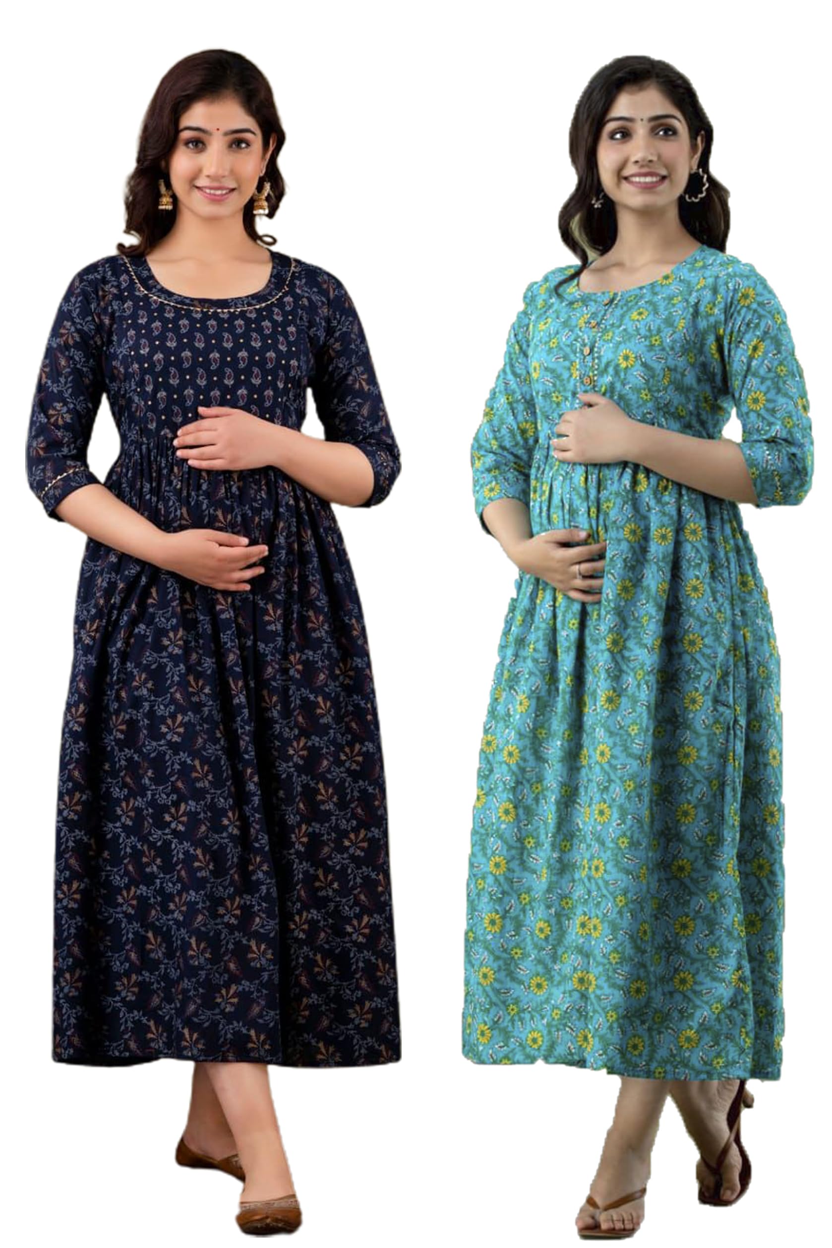 Women's Cotton Printed Maternity Gown Feeding Nighty A-line Maternity Dress Kurti Gown for Women (Po2-Gown-005)-image-32