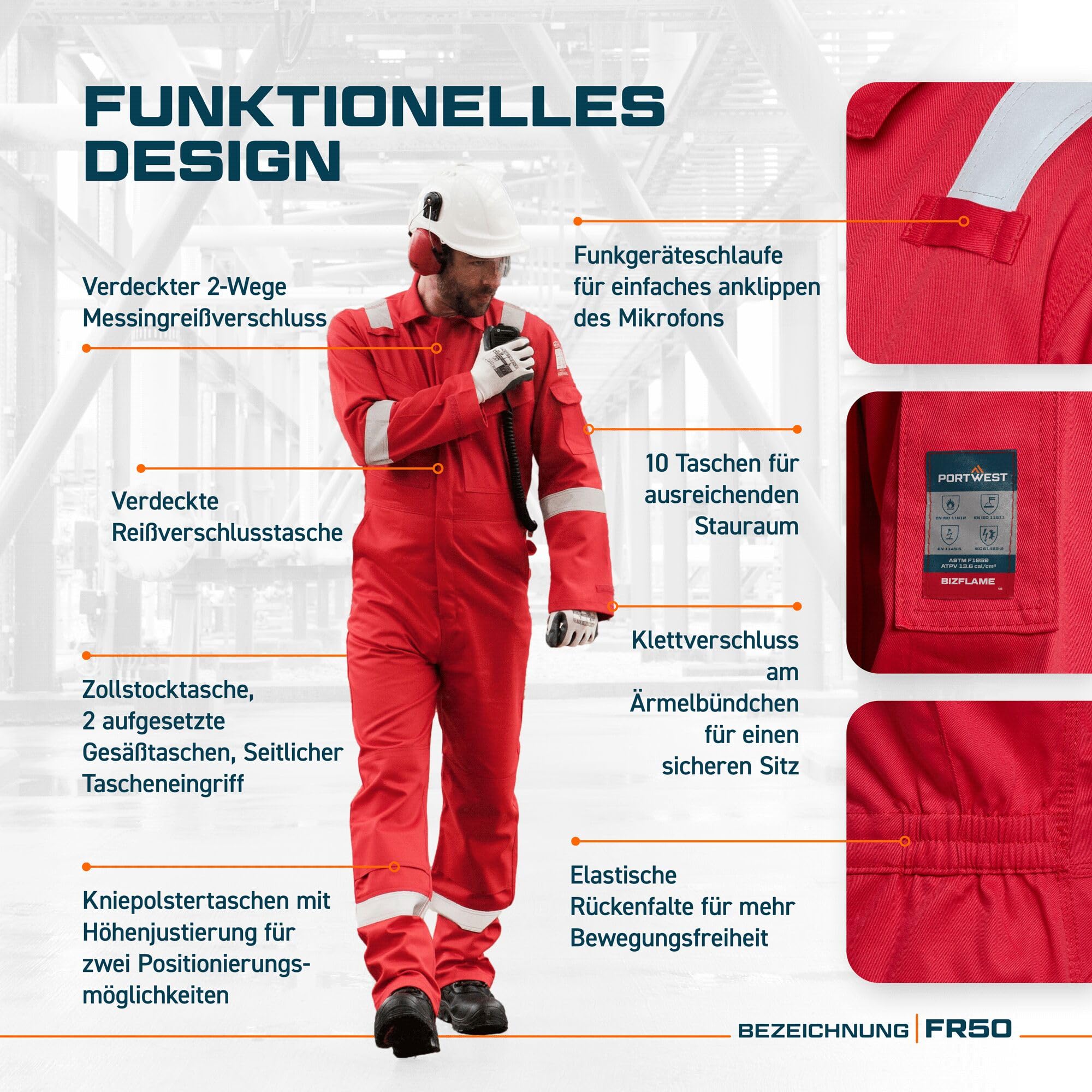 Portwest FR50 Herren Reflektierende Flammenbeständige FR-Antistatische Overallbogen-Beweis-Overalls 350g Schwarz, M
