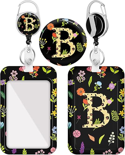 Plifal Portatarjetas con carrete retráctil, letra inicial, monograma de identificación, etiqueta de nombre, clip para credencial de trabajo,