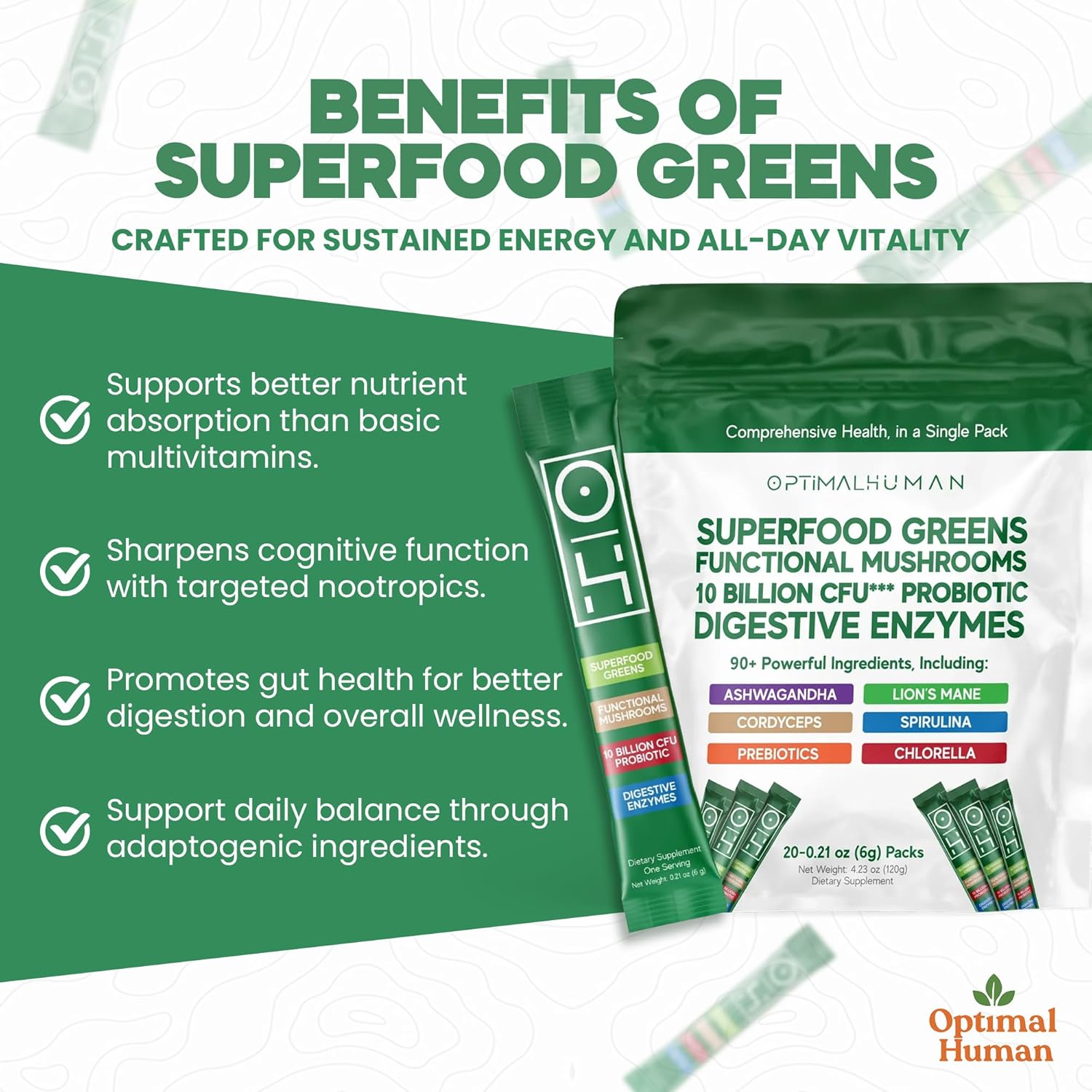 Optimal Human Superfood Greens Powder – 90+ Ingredient Blend with Lion’s Mane Supplement, Ashwagandha & Turmeric – Non-GMO, Soy-Free, Mushroom Supplements for Women – 20 Sachets