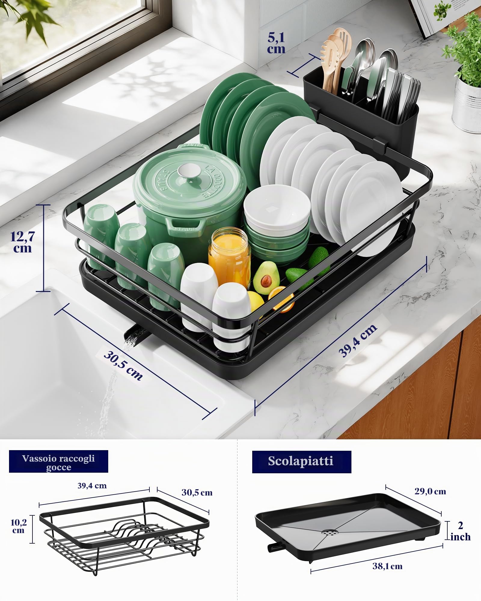 Kitsure Scolapiatti salvaspazio, scolapiatti per bancone della cucina, scolapiatti in acciaio inox con portaposate, 30,5 cm di larghezza x 38 cm di lunghezza, nero