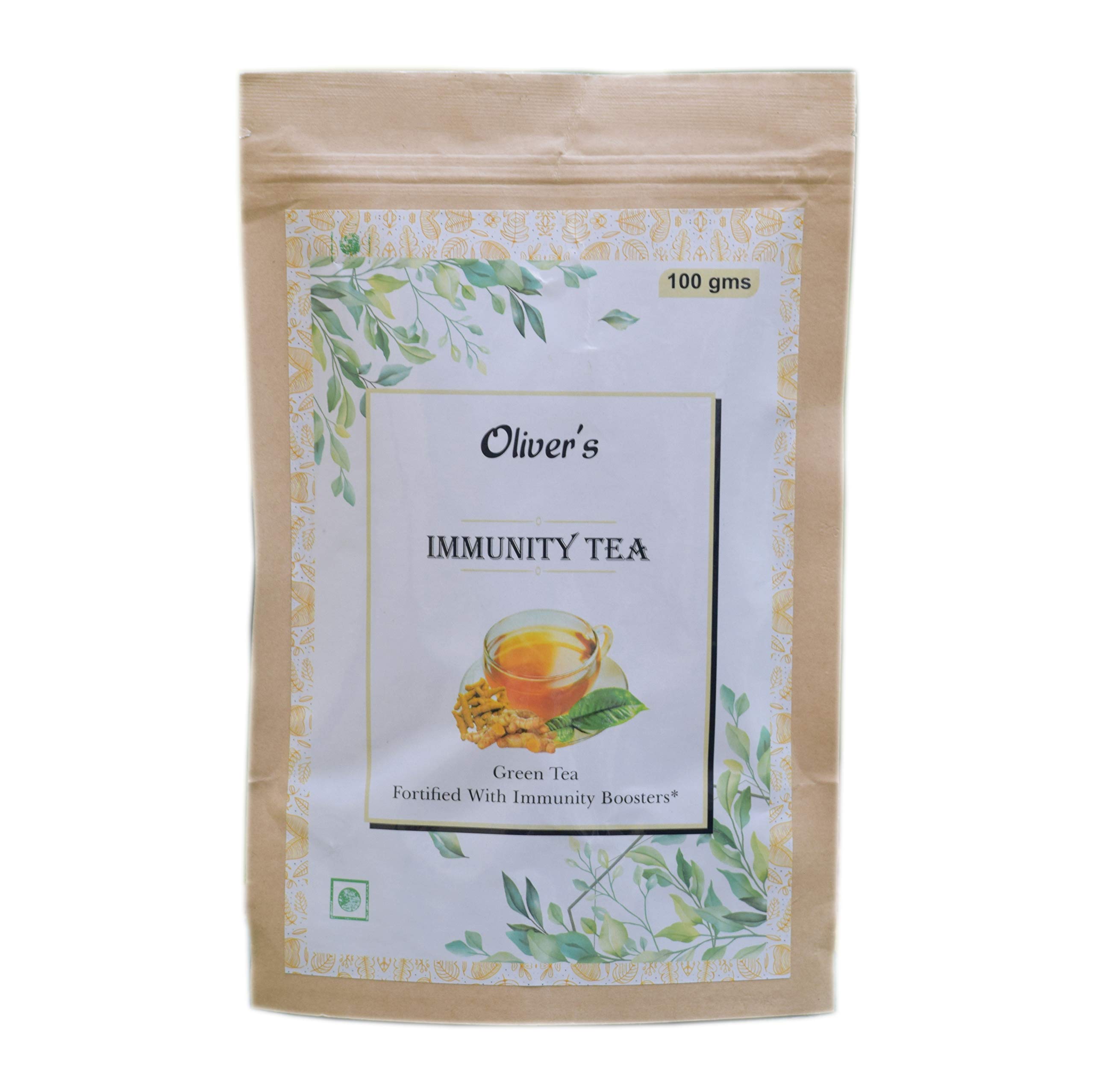Oliver's Immunity Tea (100gm Pouch) | Ayurvedic Herbal Tea with Green Tea, Black Tea, Amla, Tulsi, Gilloy, Cinnamon, Ginger, Mint, Fennel, Black Pepper, Turmeric, Ashwagandha