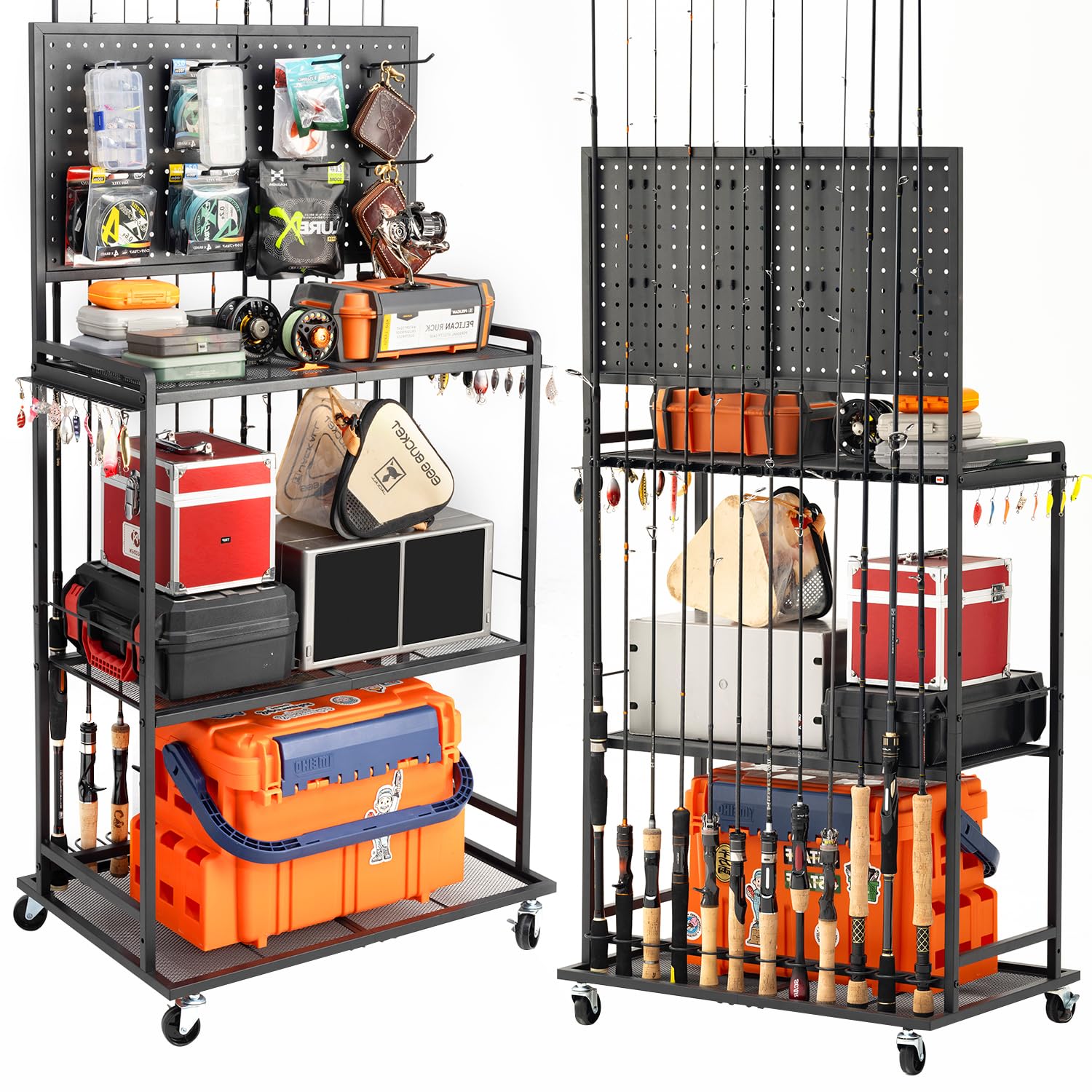 SOYEEZE Fishing Rod Holders for Garage, Fishing Pole Holder Up to 12 Rods with Pegboard and Hooks,Rolling Fishing Cart with Wheels, Fishing Gear Storage For Tackle Box &amp; Reel Organization-4 Side Fence