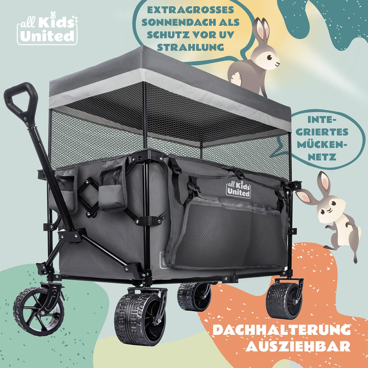 Faltbarer Bollerwagen Handwagen Transportkarre; Strand-Buggy bis 90L&150kg; XXL Geländeräder mit Bremse; Leiterwagen; Camping-Wagen für Strand, Garten & Outdoor; Verstellbarer Griff & Tasche (Grau)