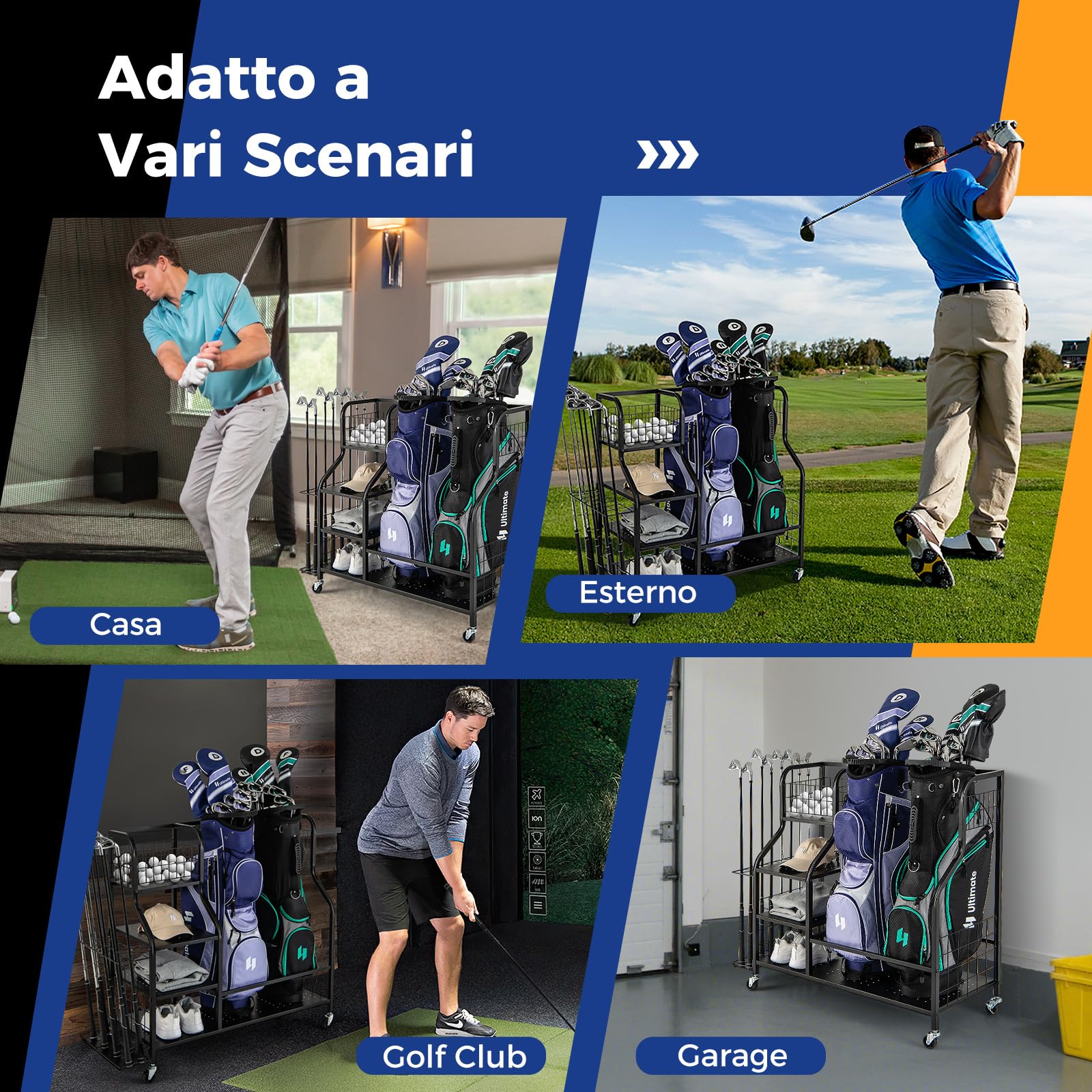 COSTWAY Organizer per Sacca da Golf, Supporto per 2 Borse da Golf con Extra Scaffale di Stoccaggio per Mazze da Golf, 6 Ganci Rimovibili e 4 Ruote per Garage e Club