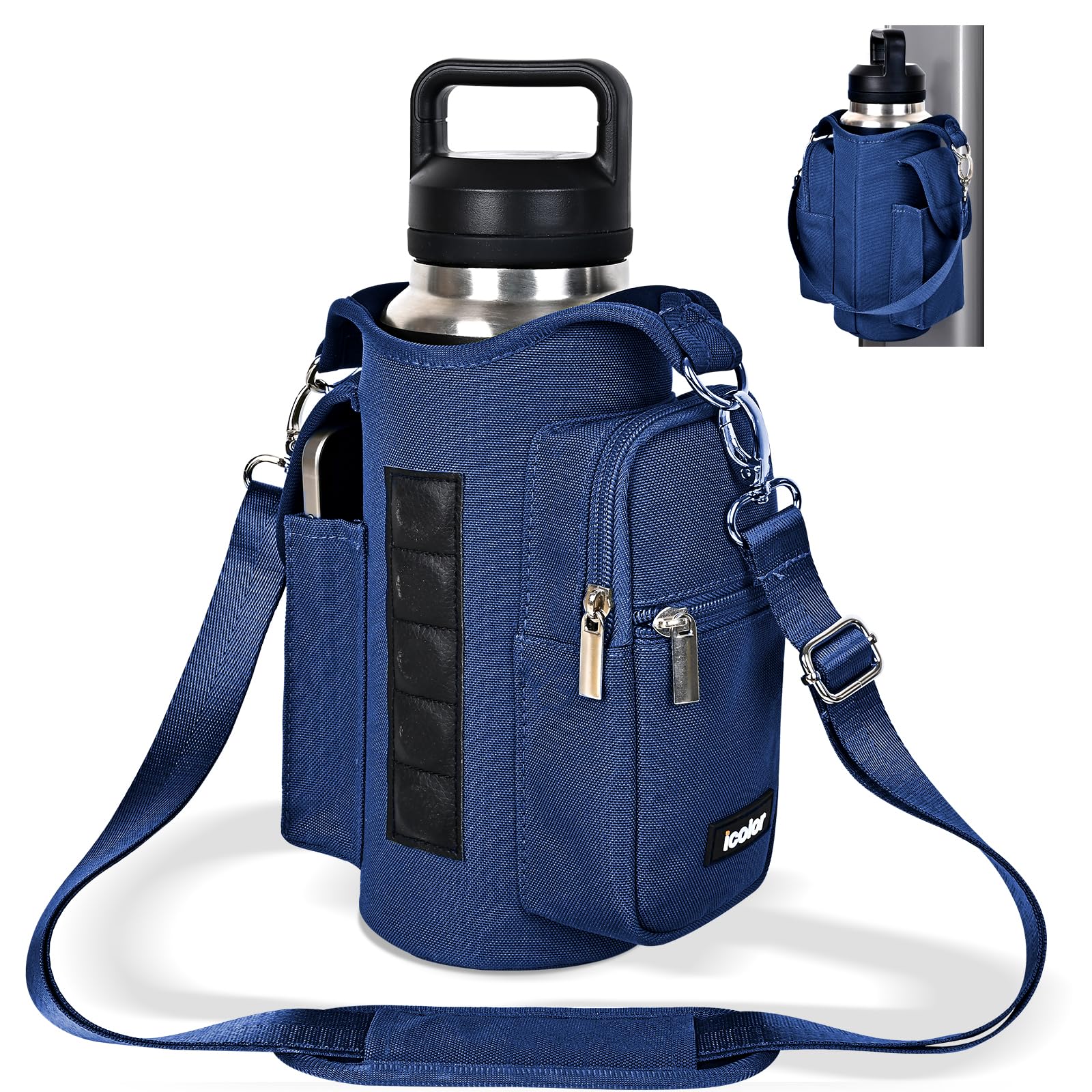 icolor Gym Magnetic Bag Water Bottle Carrier Holder with Strap & Phone Pockets, Diameter 3.9" Magnetic Gym Bag 5 Built-in Magnets Gym Accessories Organizer Pouch Sling Sleeve (Nylon, Navy Blue)